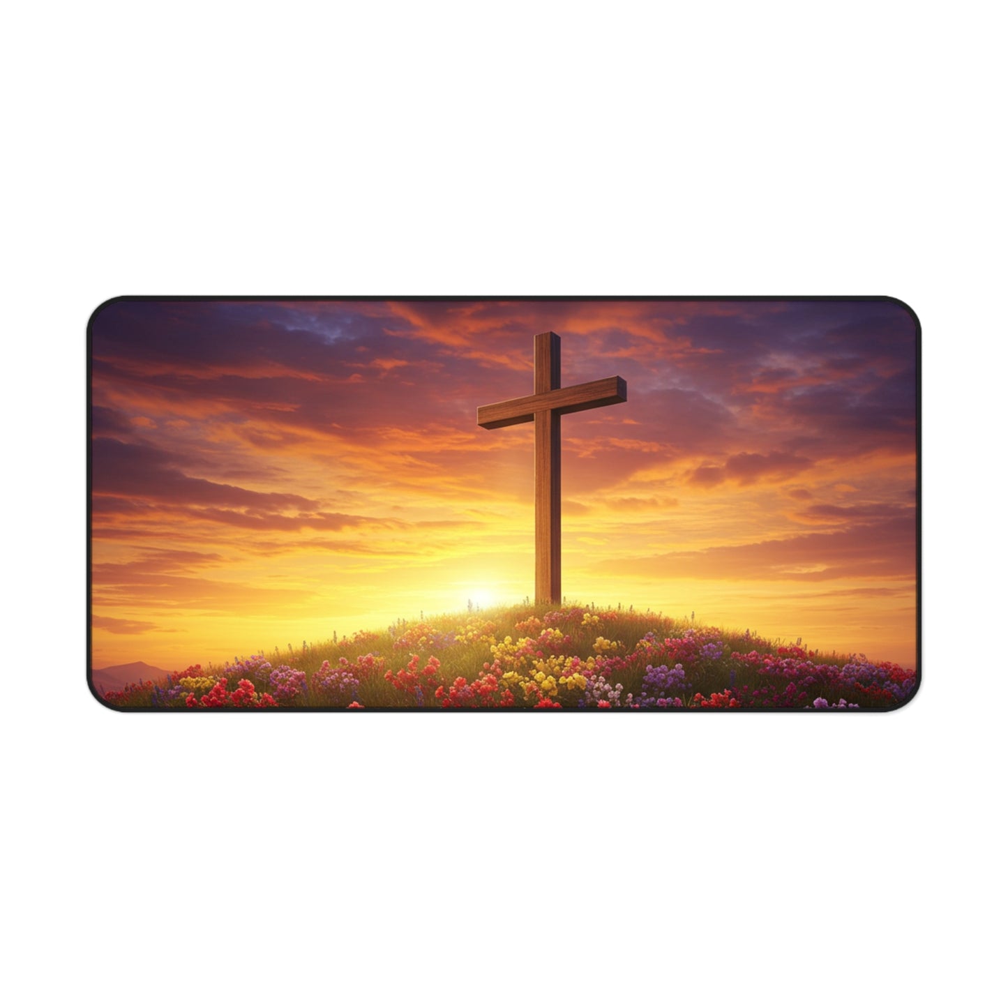 Desk Mat - Cross on a Hill DaVinci Style Christian Mouse Pad Religious Decor Spiritual Desk Mat Gift for Believers