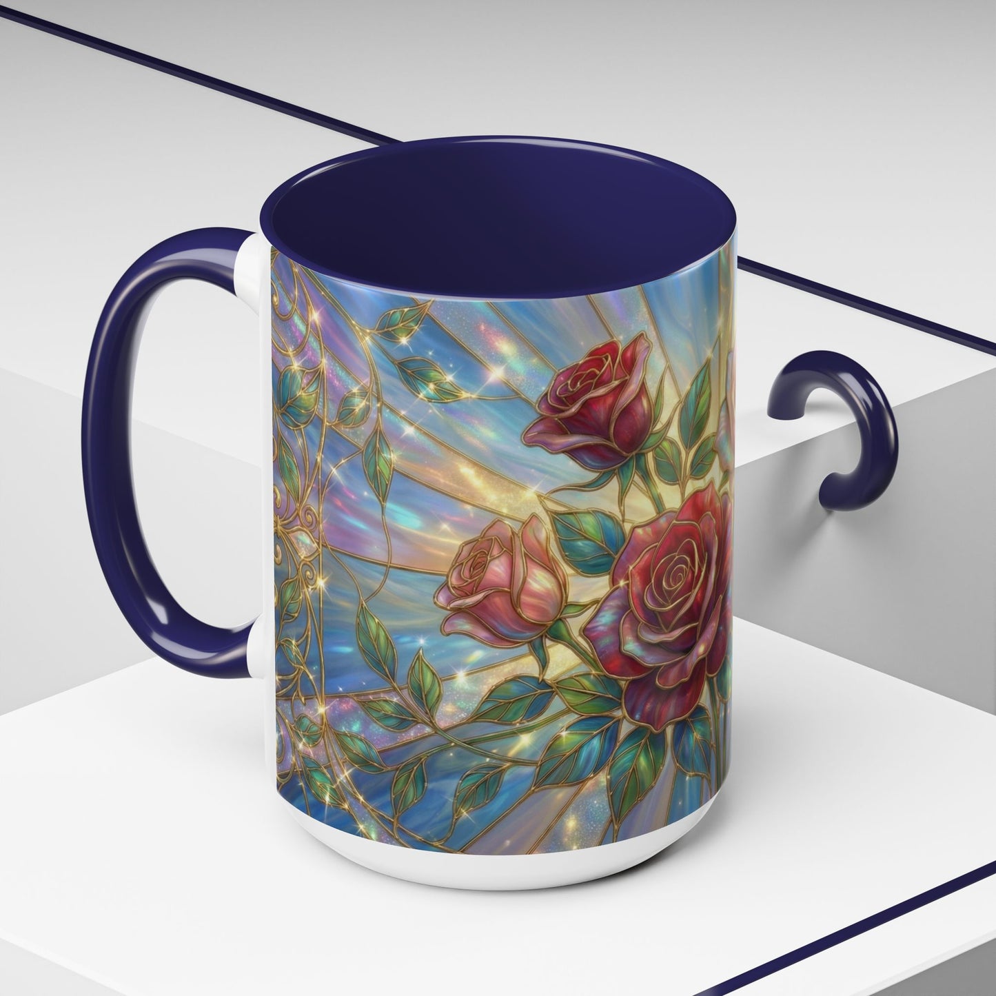 Stained Glass Rose Mug, Floral Art Coffee Cup, Elegant Rose Flower Mug, Blue Gold Glass Style Design, Romantic Gift For Her Decor