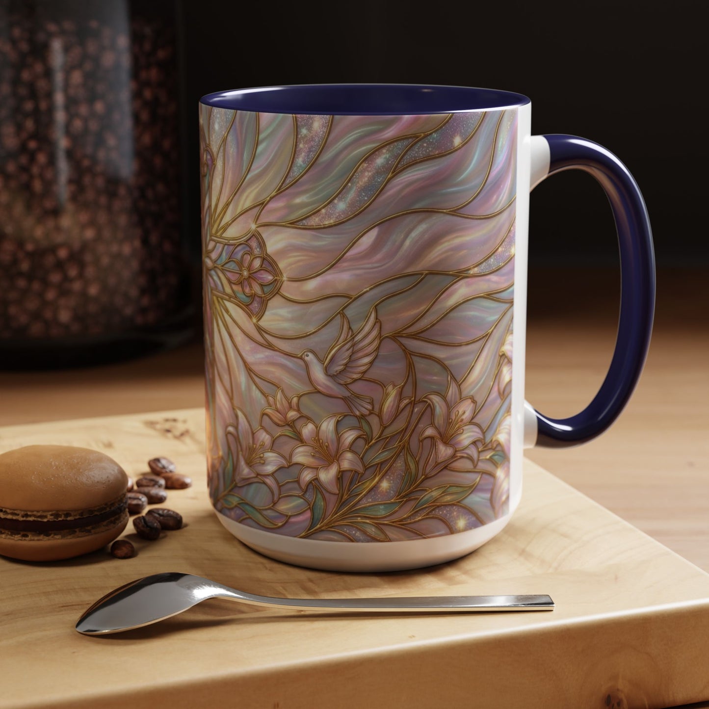 Stained Glass Cross Mug, Easter Lily Coffee Cup, Christian Gift for Women, Pastel Religious Drinkware, Dove and Faith Cup, Spiritual