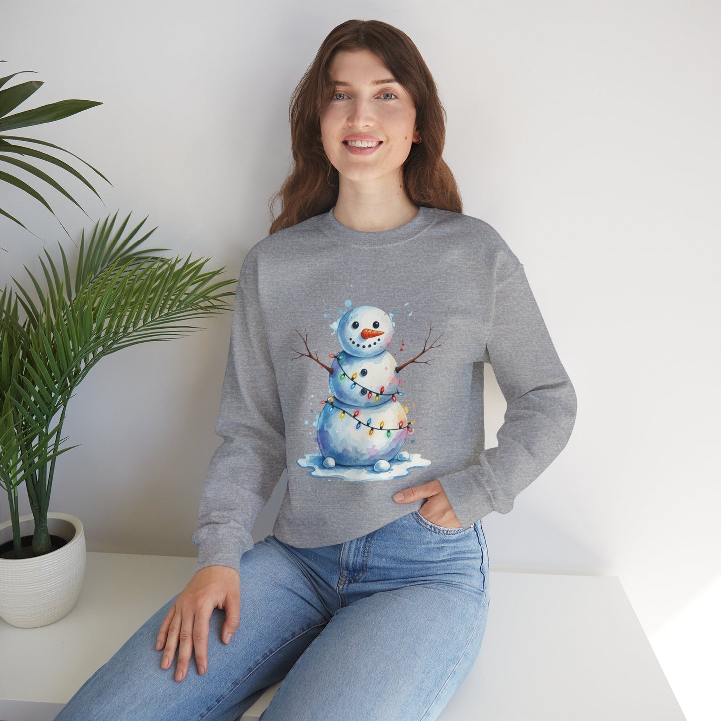 Watercolor Snowman Christmas Sweatshirt, Cute Snowman Crewneck for Winter, Holiday Lights Snowman Sweater, Cozy Unisex Christmas Gift