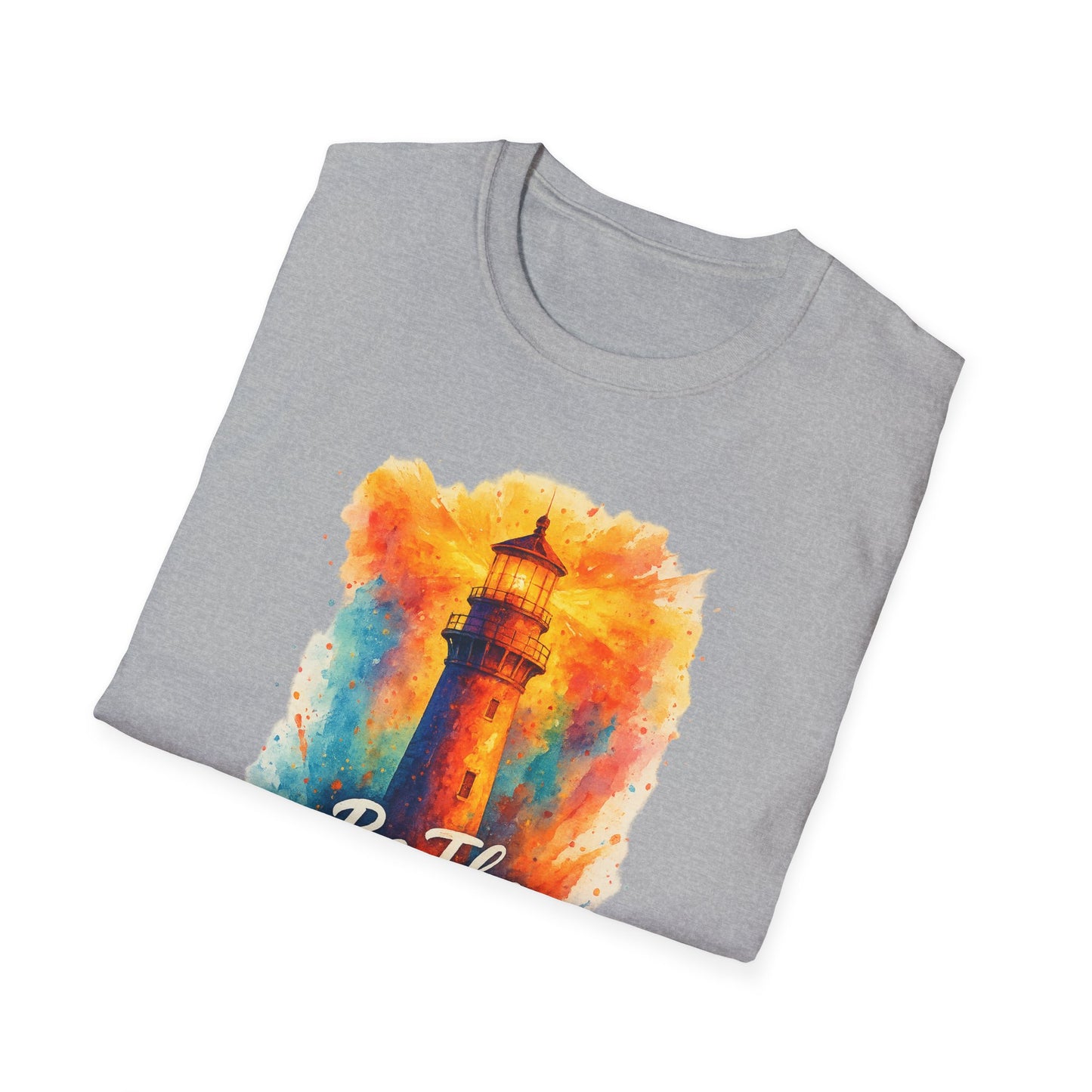 Be The Light Lighthouse T-Shirt | Inspirational Spiritual Tee | Coastal Nautical Gift for Her and Him | Unisex Softstyle Graphic Tee