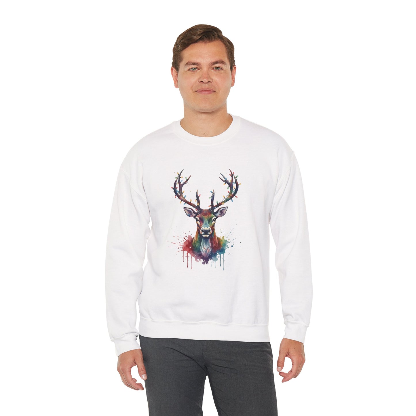 Colorful Reindeer Christmas Sweatshirt, Holiday Deer Lights Sweater, Watercolor Winter Crewneck, Festive Cozy Gift For Him Or Her