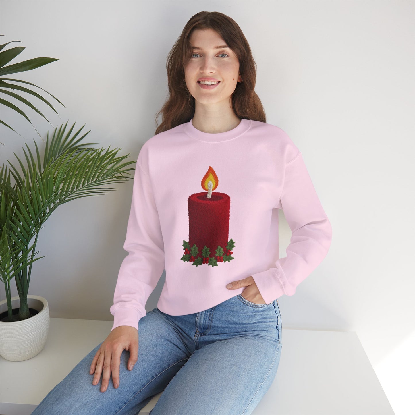 Faux Patchwork Crochet Candle Sweatshirt, Christmas Candle Sweater, Holiday Cozy Winter Crewneck, Cute Xmas Candle Sweatshirt, Unisex Holiday Top