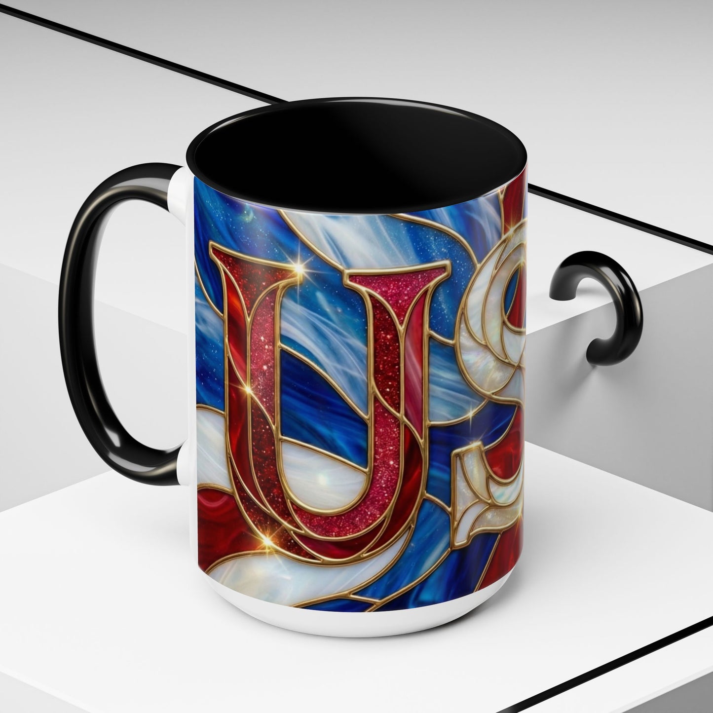 USA Patriotic Coffee Mug, Stained Glass USA Mug, Red White Blue Ceramic Mug, American Flag Style Mug, 11oz 15oz Mug