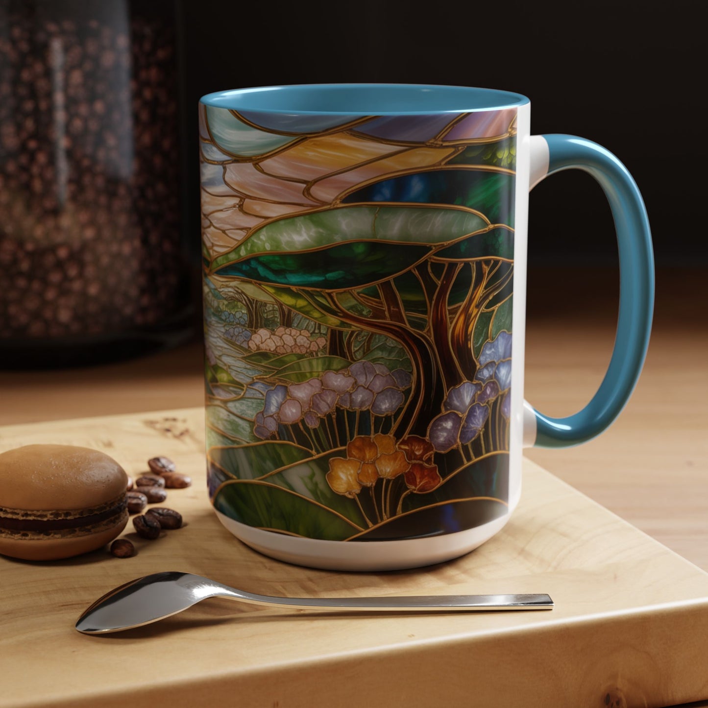 Stained Glass Woodland Forest Mug, Tree & Flowers Coffee Cup, Nature Lover Gift, Artistic Woodland Art Mug, Rustic Home Decor Mug