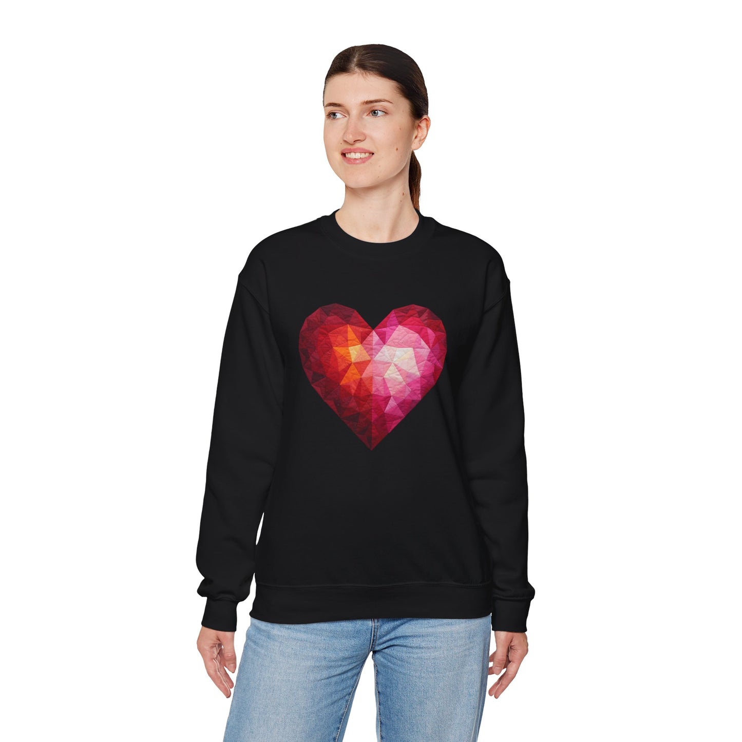 Faux Patchwork Heart Sweatshirt, Geometric Heart Sweater, Cute Valentines Sweatshirt, Cozy Pink Heart Crewneck, Winter Heart Pullover