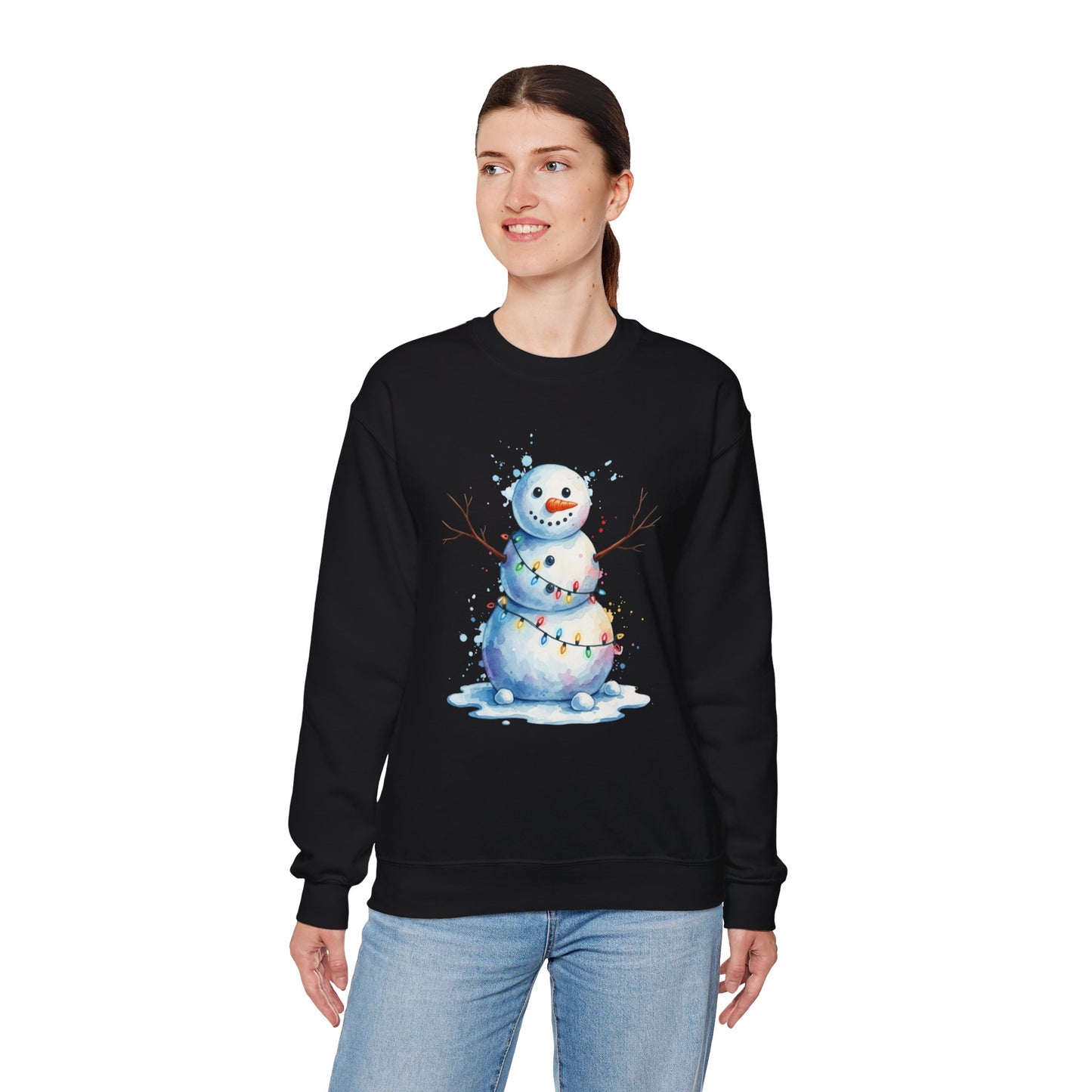 Watercolor Snowman Christmas Sweatshirt, Cute Snowman Crewneck for Winter, Holiday Lights Snowman Sweater, Cozy Unisex Christmas Gift