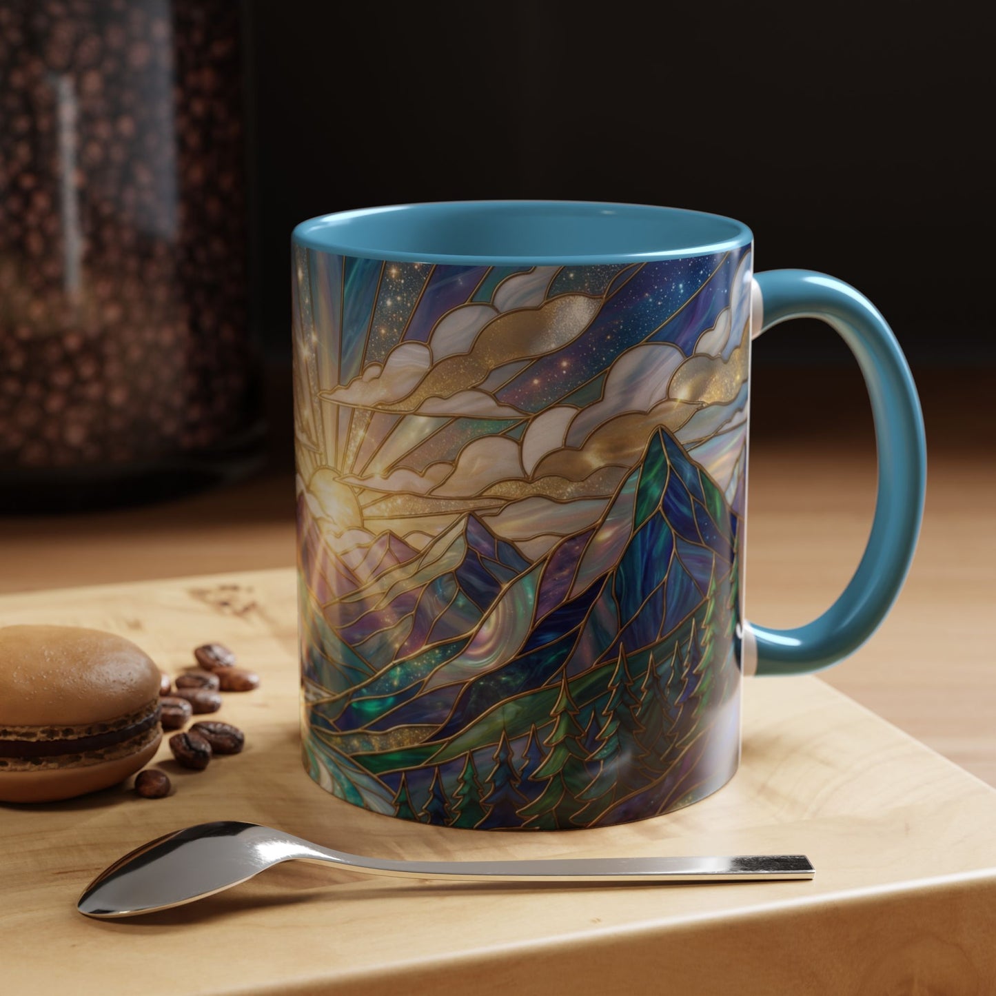 Mountain Art Mug, Scenic Mountain Coffee Cup, Nature Lover Ceramic Mug, Stained Glass Style Landscape, 11oz 15oz Gift, Outdoor Hiking Mug, Unique Coffee Tea Cup