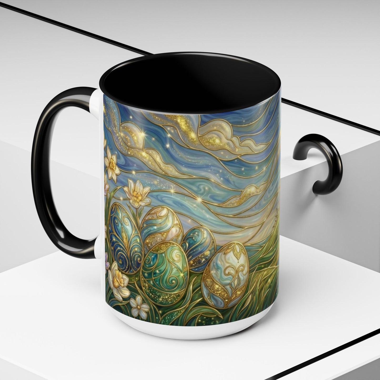 Stained Glass Easter Egg Mug, Magical Spring Floral Coffee Cup, Art Nouveau Fantasy Teacup, Elegant Celestial Starry Sky Mug Gift Idea