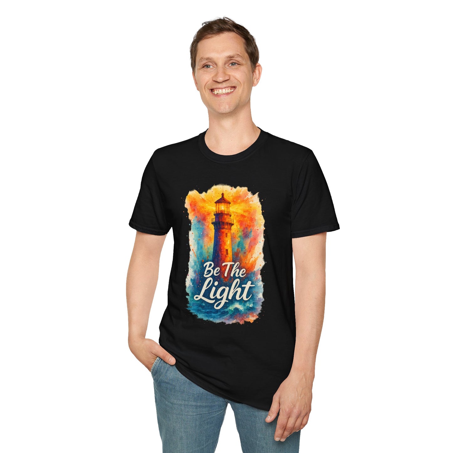 Be The Light Lighthouse T-Shirt | Inspirational Spiritual Tee | Coastal Nautical Gift for Her and Him | Unisex Softstyle Graphic Tee