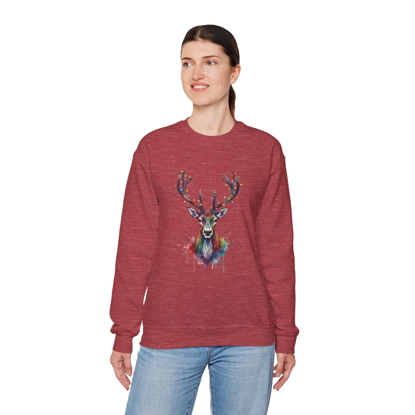 Colorful Reindeer Christmas Sweatshirt, Holiday Deer Lights Sweater, Watercolor Winter Crewneck, Festive Cozy Gift For Him Or Her