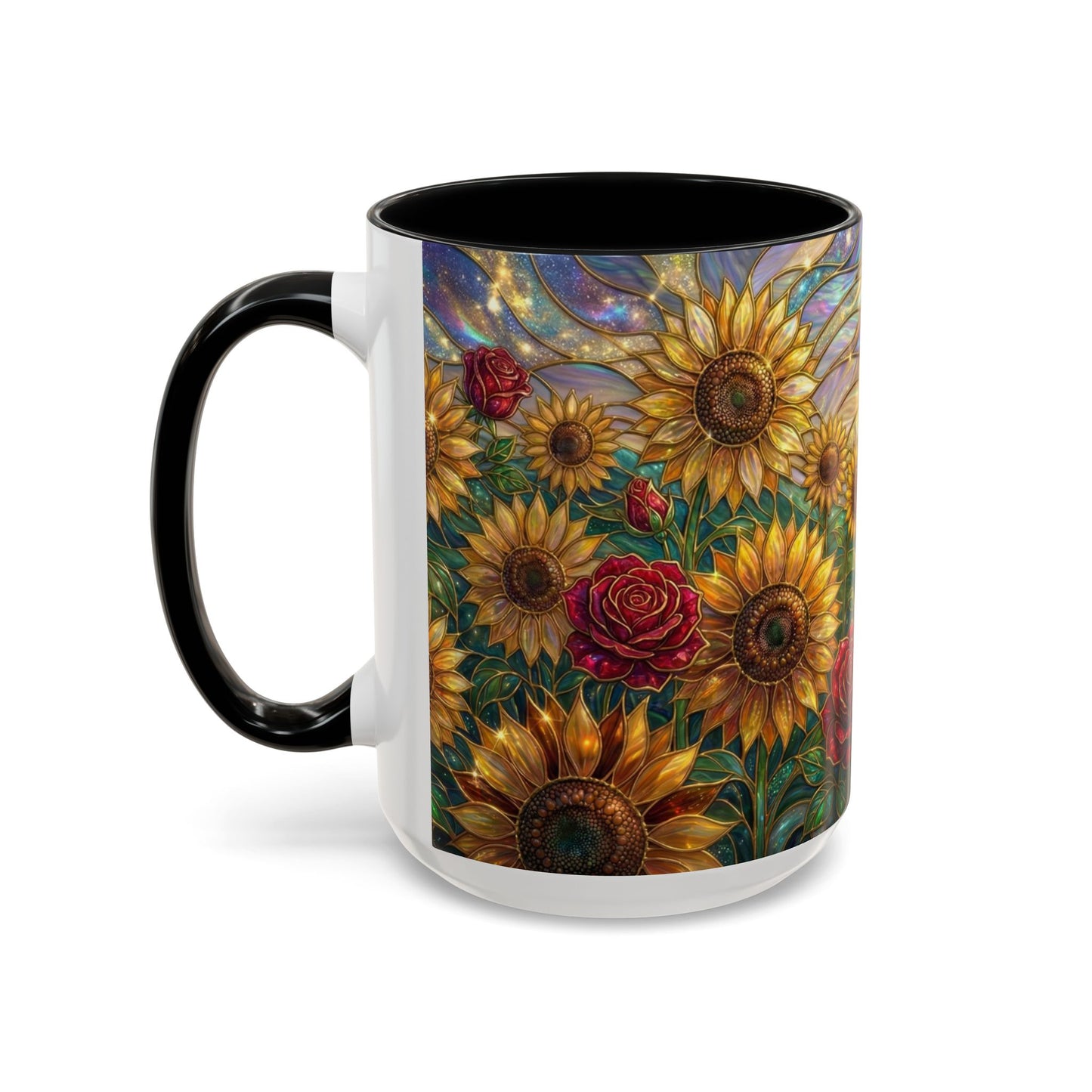 Personalized Stained Glass Sunflower Mug, Custom Red Rose Floral Coffee Cup, Celestial Night Sky Botanical Teacup, Gift For Flower Lover