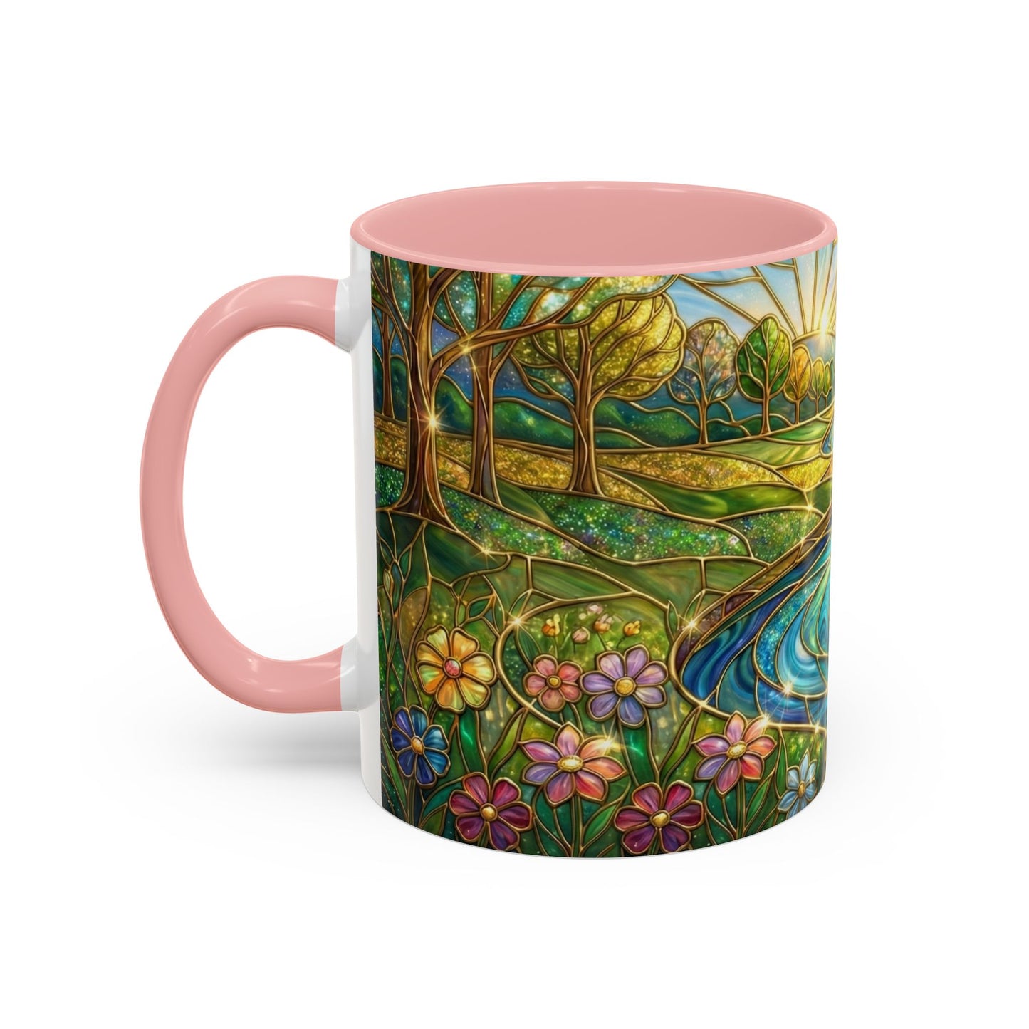 Stained Glass Mug, River Landscape Coffee Cup, Nature Lover Gift, Floral Tea Mug, Gardener Present, Art Teacher Gift, Colorful Scenery Cup