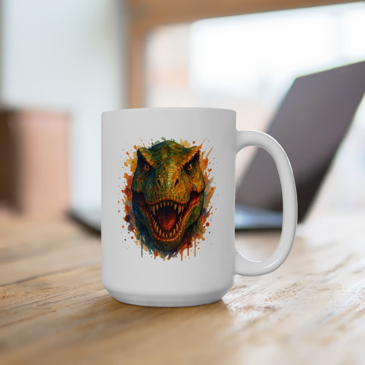 Watercolor T-Rex Mug - Ceramic Dinosaur Coffee Cup, 11oz and 15oz Tea Rex Art, Dinosaur Lover Gift, Paleontology Office Decor