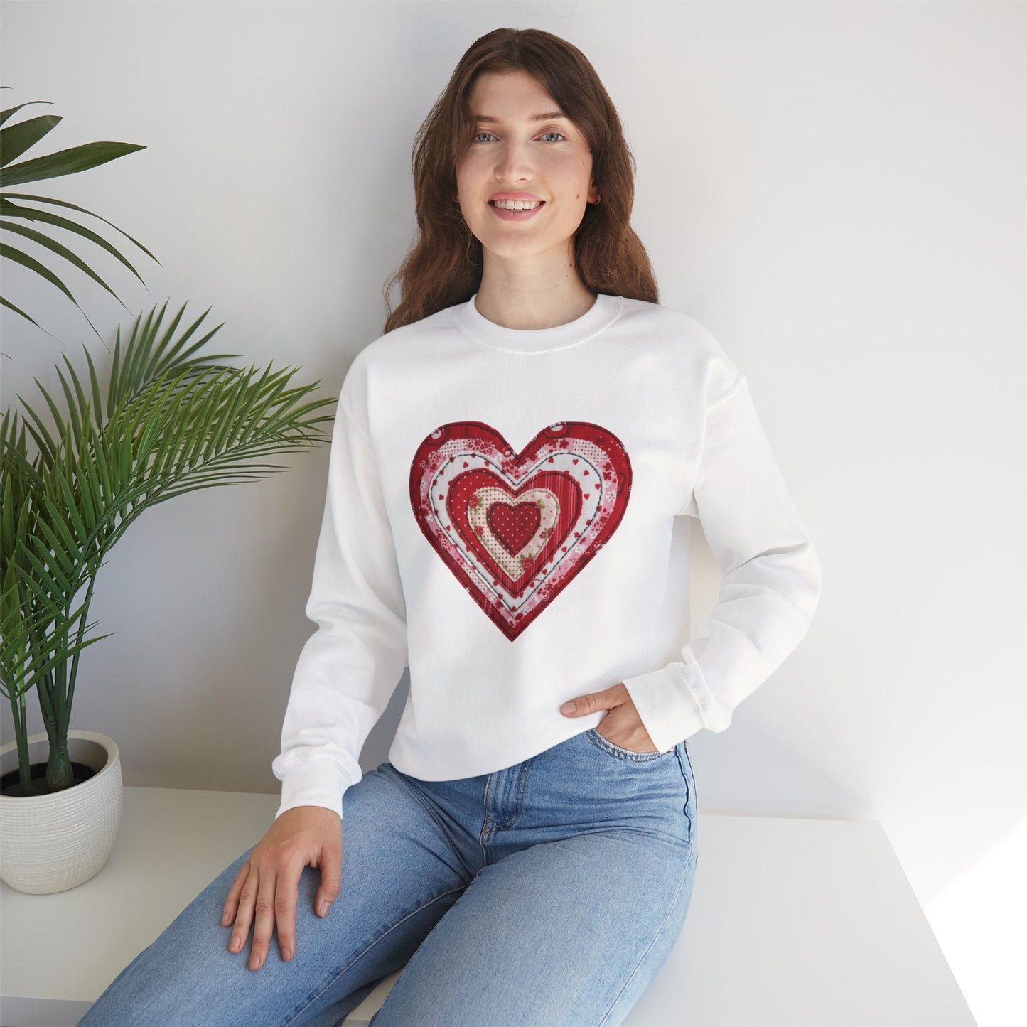 Faux Patchwork Heart Sweatshirt, Valentine Heart Shirt, Cute Valentine Gift, Retro Patchwork Crewneck, Cozy Love Sweater, Boho Heart Top