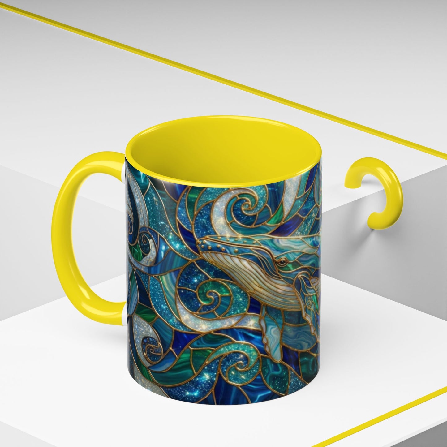 Stained Glass Whale Mug, Ocean Art Coffee Cup, Blue Sea Life Design, Nautical Gift For Ocean Lovers, Colorful Stained Glass Whale Cup