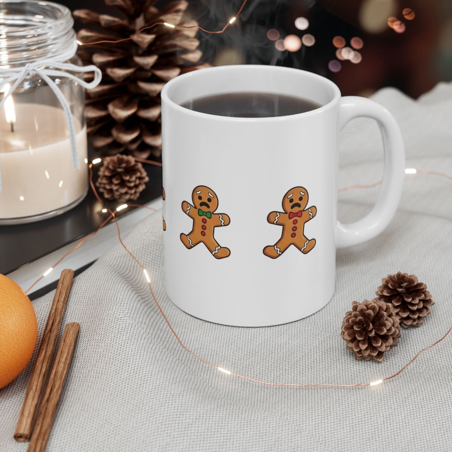 Funny Christmas Mug, Snowman and Gingerbread Mug, Holiday Coffee Cup Gift, Cute Winter Hot Cocoa Mug, Playful Festive Arcade Design