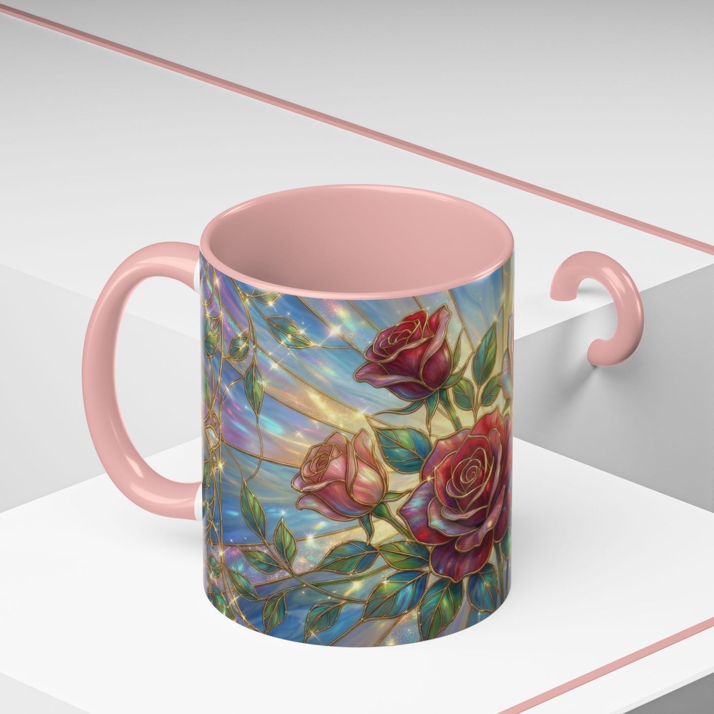 Stained Glass Rose Mug, Floral Art Coffee Cup, Elegant Rose Flower Mug, Blue Gold Glass Style Design, Romantic Gift For Her Decor