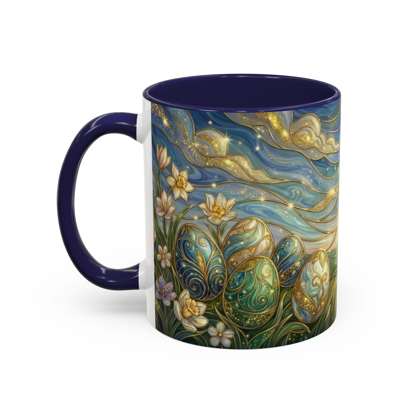 Stained Glass Easter Egg Mug, Magical Spring Floral Coffee Cup, Art Nouveau Fantasy Teacup, Elegant Celestial Starry Sky Mug Gift Idea