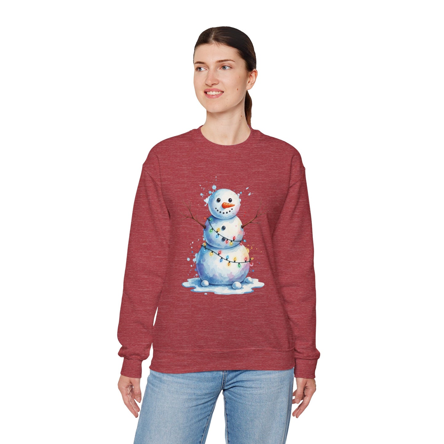 Watercolor Snowman Christmas Sweatshirt, Cute Snowman Crewneck for Winter, Holiday Lights Snowman Sweater, Cozy Unisex Christmas Gift