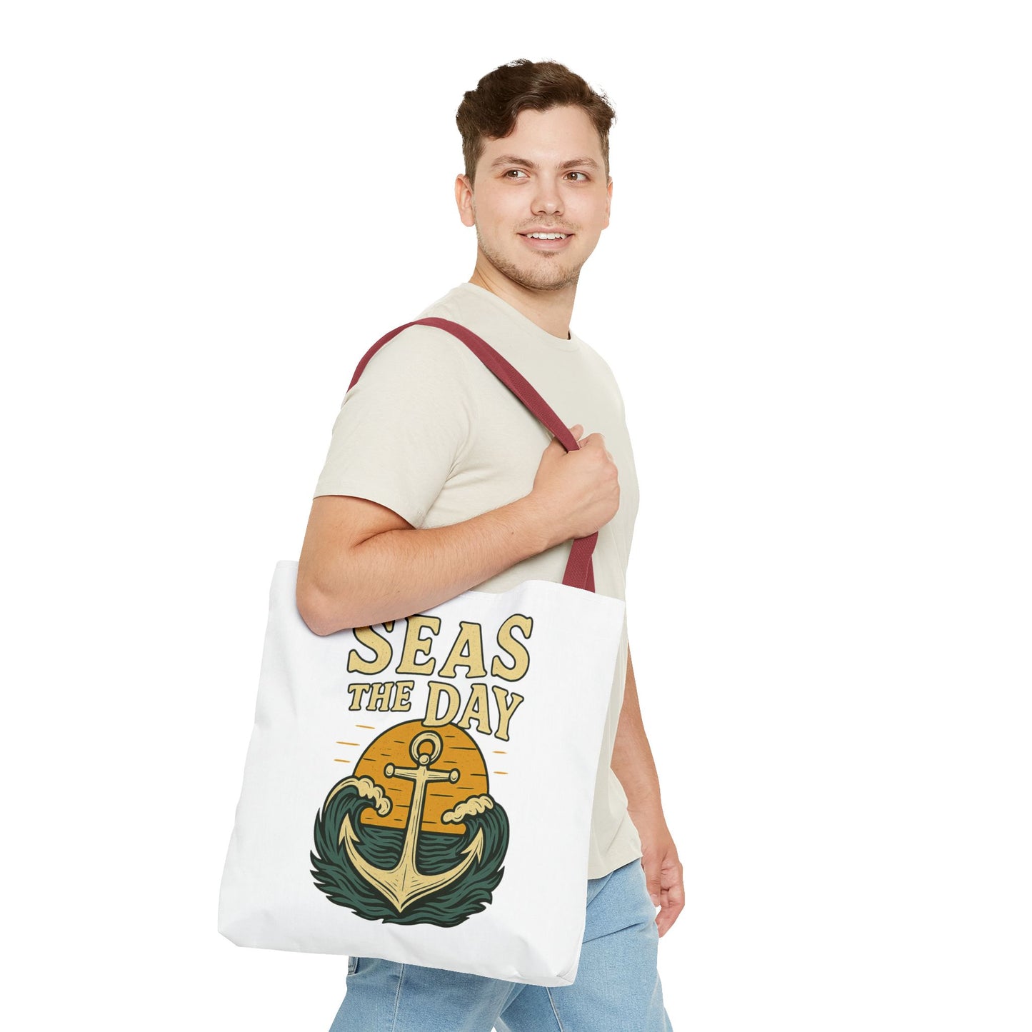 "Seas the Day" Nautical Tote Bag – Funny Beach Quote Canvas Bag with Anchor | Coastal Gift Idea for Summer, Travel, or Daily Use