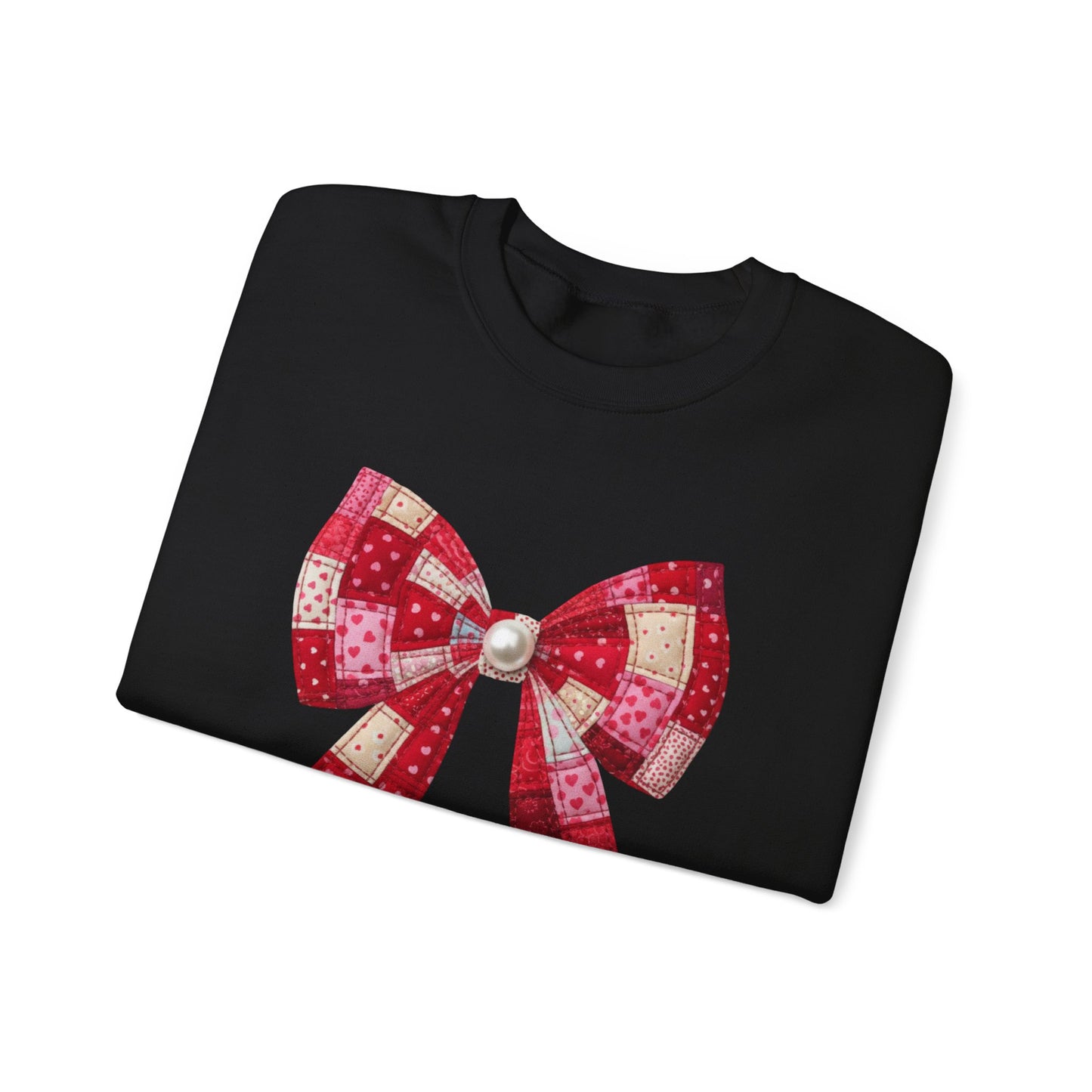 Faux Patchwork Bow Sweatshirt, Quilted Look Bow Crewneck, Pearl Center Bow Pullover, Cozy Coquette Sweatshirt, Girly Gift