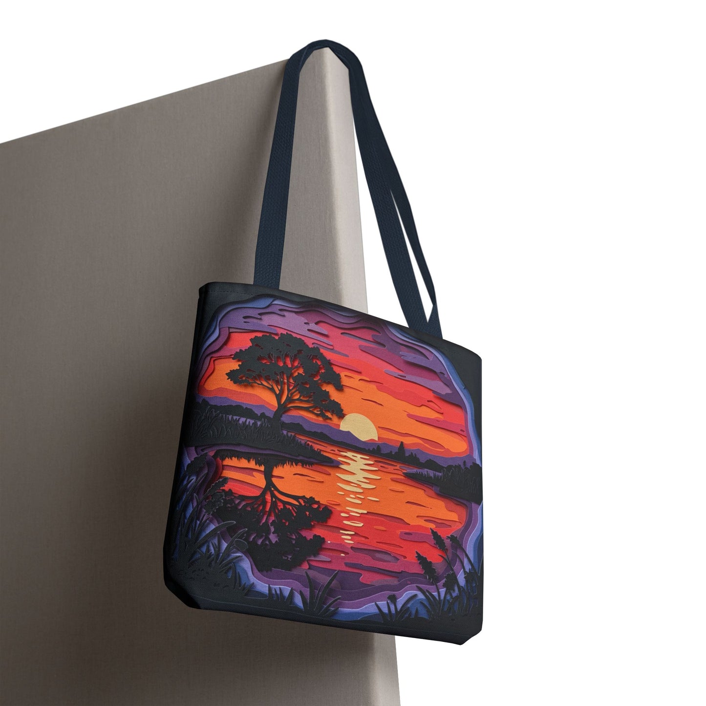 Sunset Landscape Canvas Tote Bag – Paper‑Art Inspired Nature Scene Tote – Colorful Sunset Market Tote, Eco Reusable Beach Bag, Vibrant Gift for Her