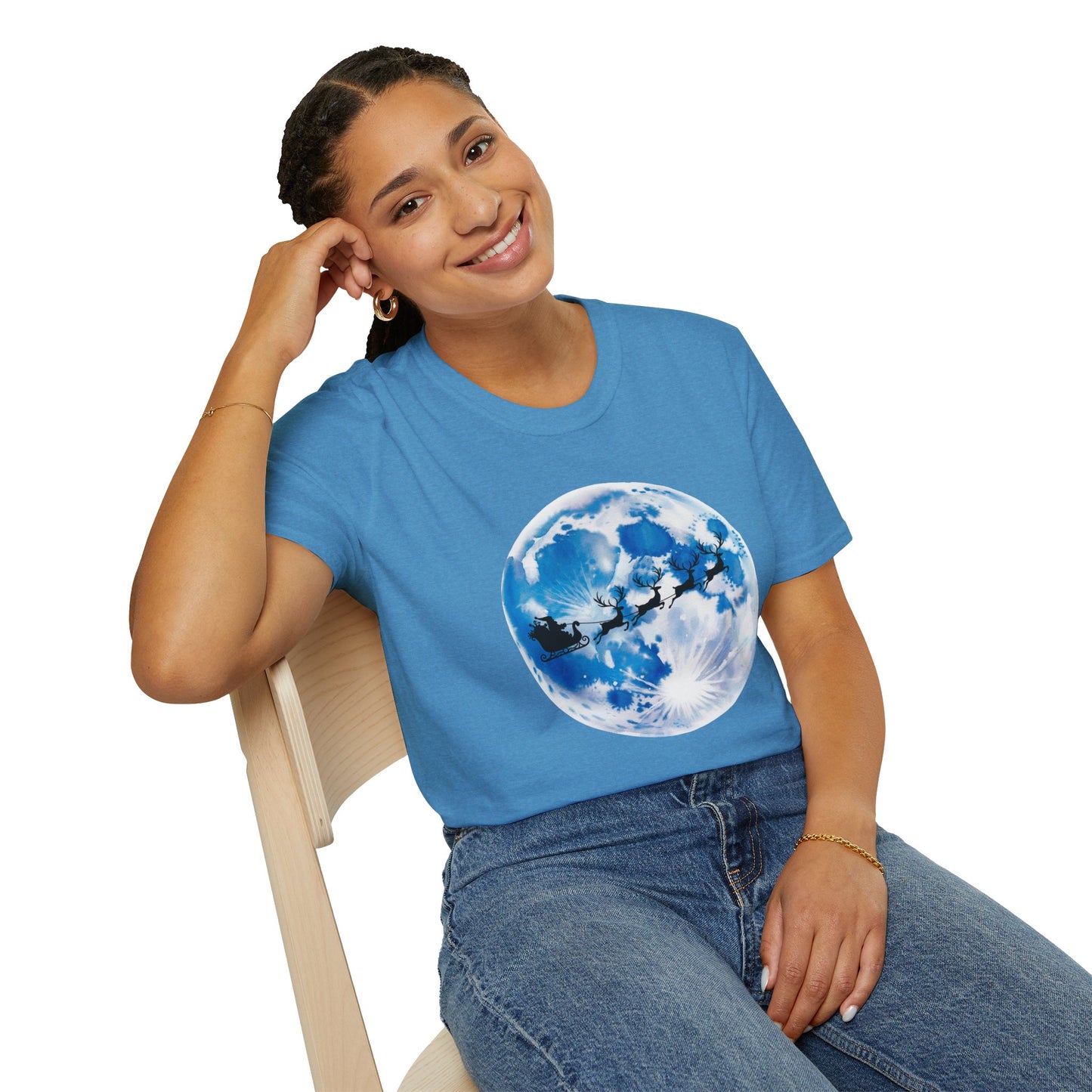 Santa Moon Christmas T-Shirt, Reindeer Sleigh Christmas Tee, Holiday Moonlight Xmas Shirt, Festive Christmas Graphic Tee, Winter Night Christmas Gift Tee