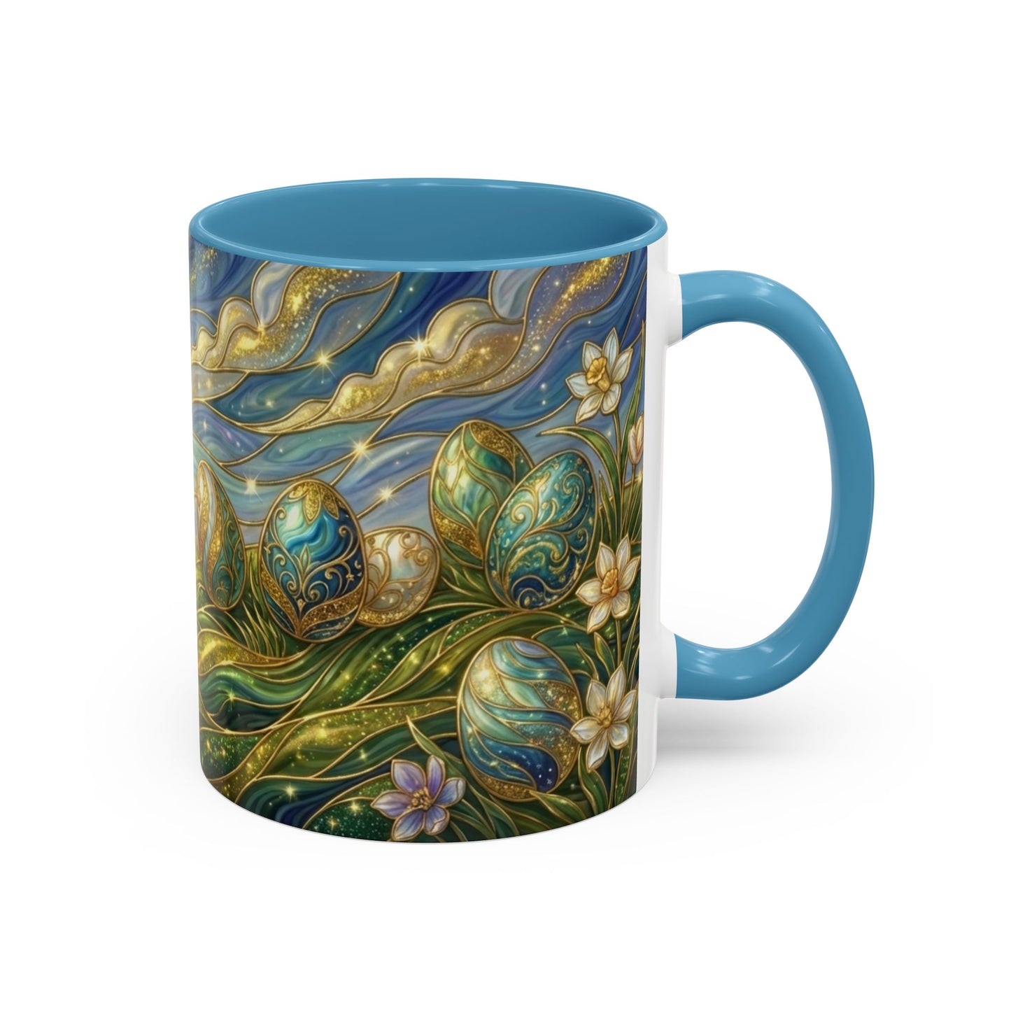 Stained Glass Easter Egg Mug, Magical Spring Floral Coffee Cup, Art Nouveau Fantasy Teacup, Elegant Celestial Starry Sky Mug Gift Idea