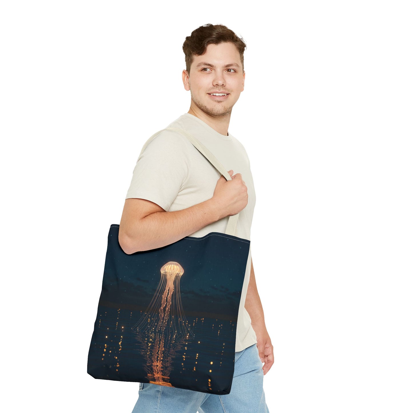 Luminous Jellyfish Tote Bag, Glow-Inspired Ocean Design Shoulder Bag, Durable Polyester Tote For Everyday Style, Gifts, And Coastal Fashion