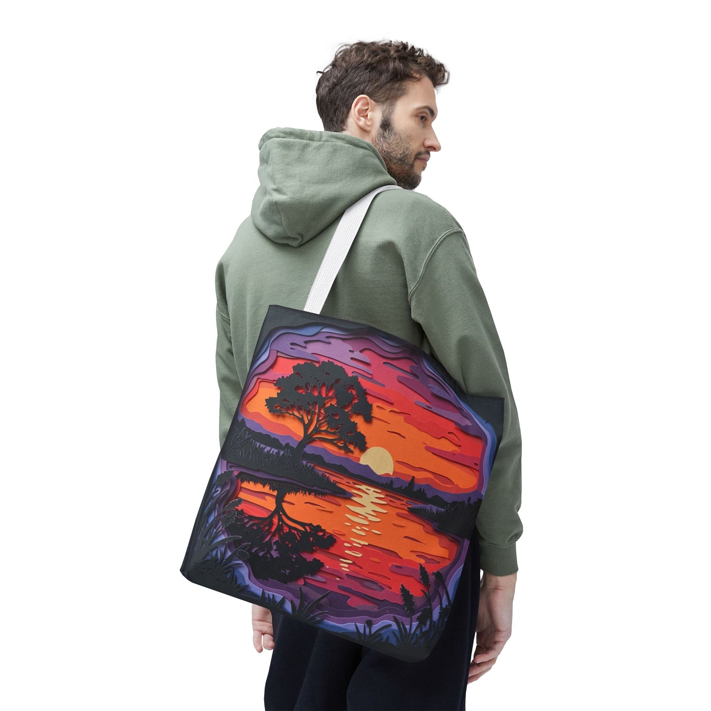 Sunset Landscape Canvas Tote Bag – Paper‑Art Inspired Nature Scene Tote – Colorful Sunset Market Tote, Eco Reusable Beach Bag, Vibrant Gift for Her