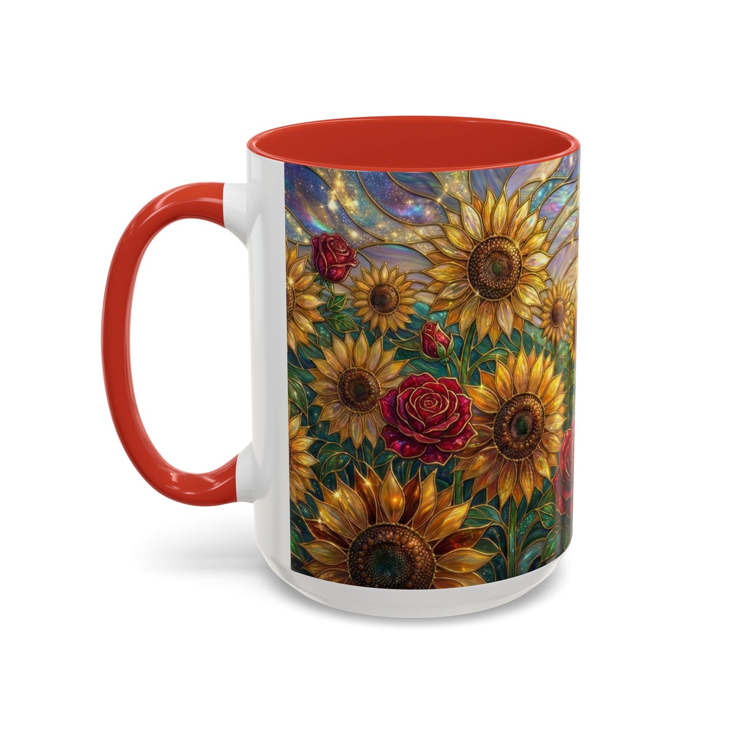 Personalized Stained Glass Sunflower Mug, Custom Red Rose Floral Coffee Cup, Celestial Night Sky Botanical Teacup, Gift For Flower Lover