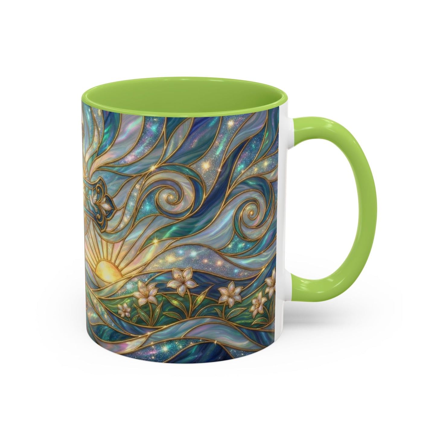 Stained Glass Cross Mug, Christian Coffee Cup, Religious Easter Gift, Celestial Faith Mug, Spiritual Sunrise Cup, Dove Lily Print Mug