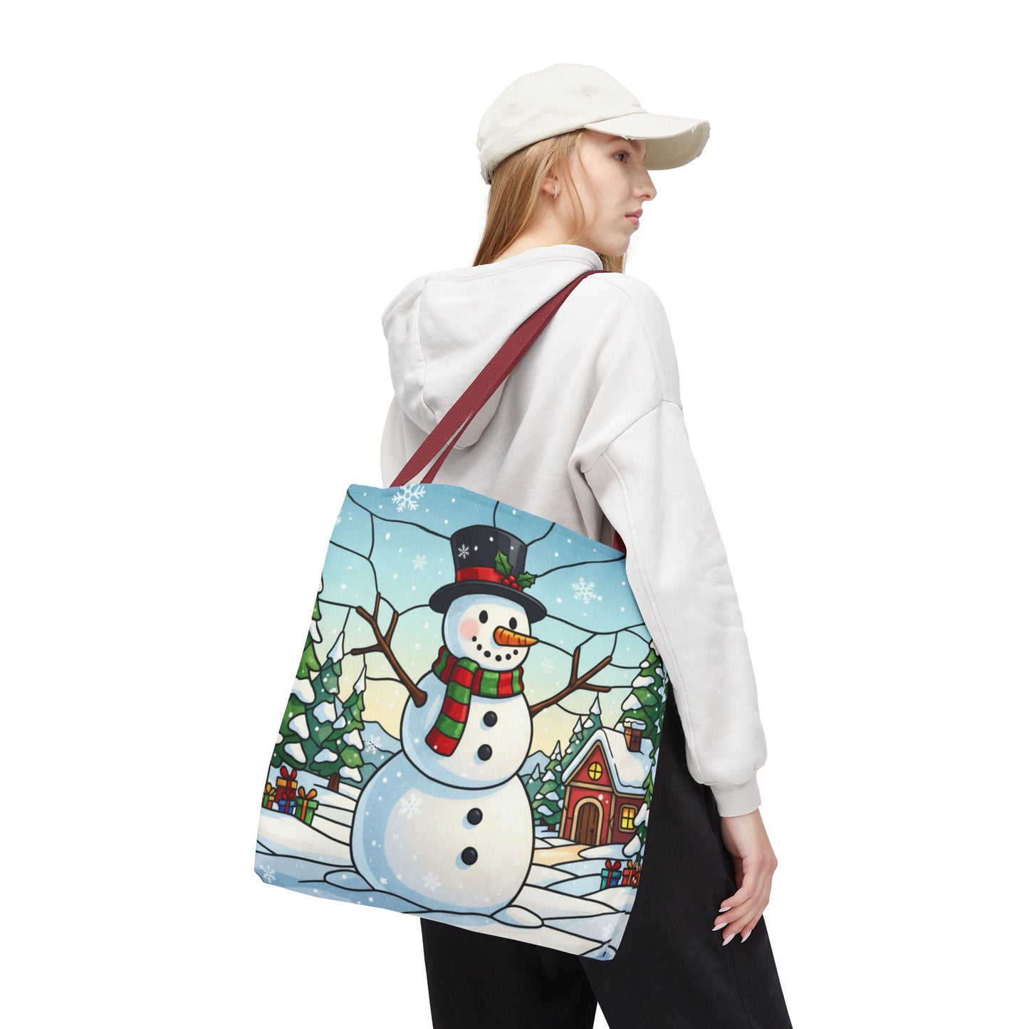 Stained Glass Snowman Christmas Tote Bag, Holiday Art Tote, Festive Winter Gift Bag, Colorful Christmas Scene Reusable Shopping Bag