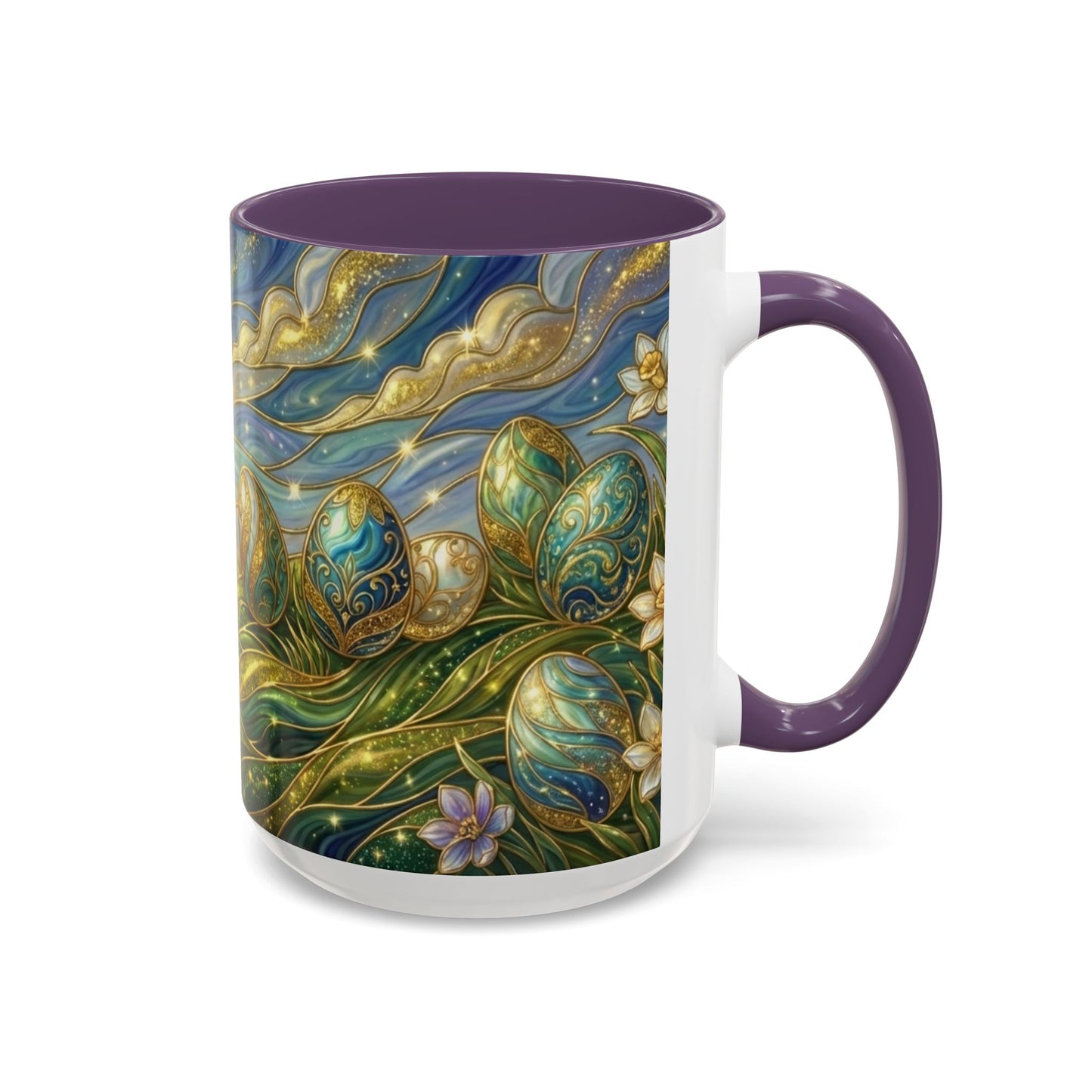 Stained Glass Easter Egg Mug, Magical Spring Floral Coffee Cup, Art Nouveau Fantasy Teacup, Elegant Celestial Starry Sky Mug Gift Idea