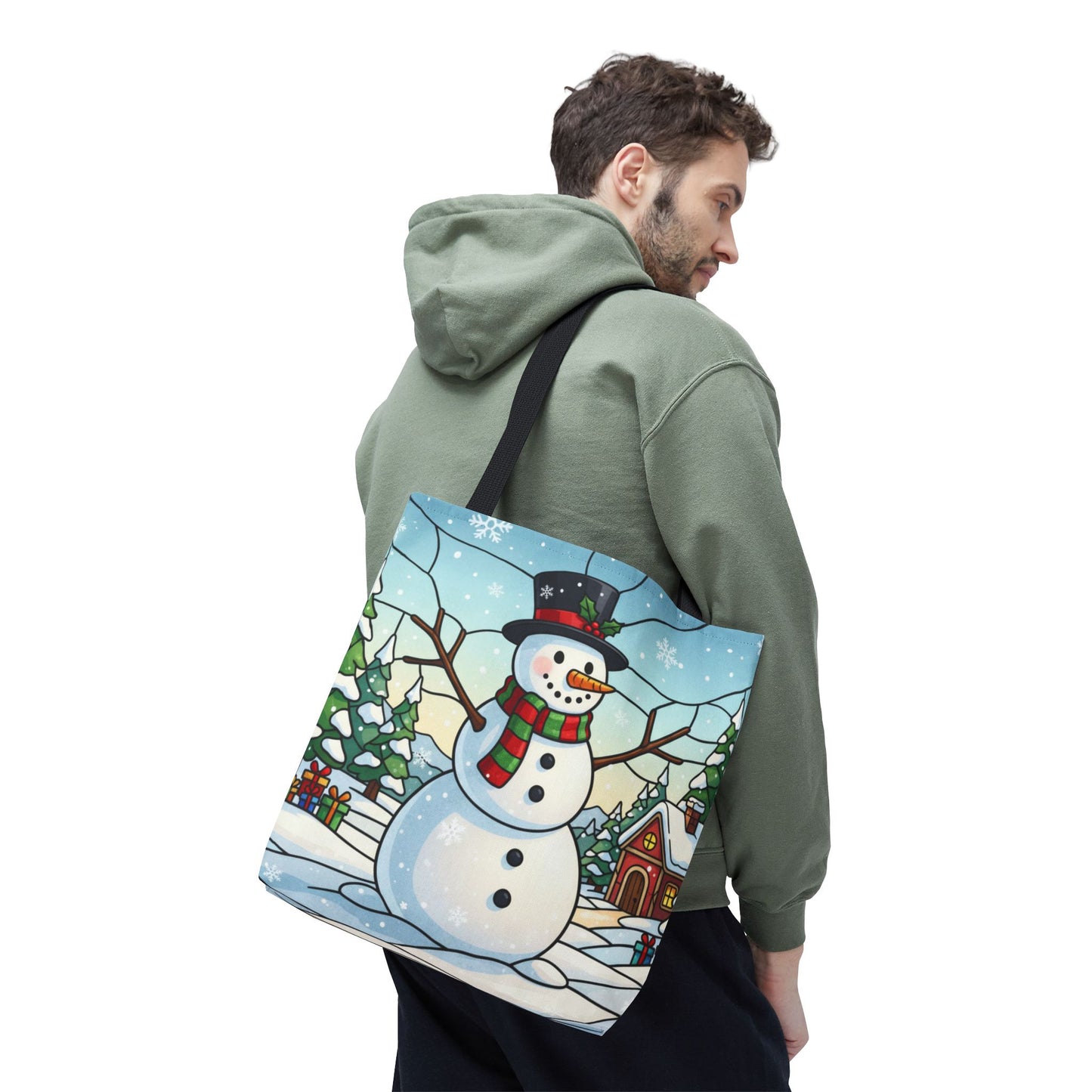 Stained Glass Snowman Christmas Tote Bag, Holiday Art Tote, Festive Winter Gift Bag, Colorful Christmas Scene Reusable Shopping Bag