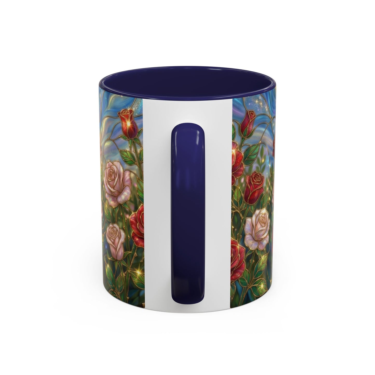 Stained Glass Rose Garden Mug, Floral Rose Coffee Cup, Elegant Flower Mug, Blue Green Gold Glass Style Design, Romantic Gift For Her