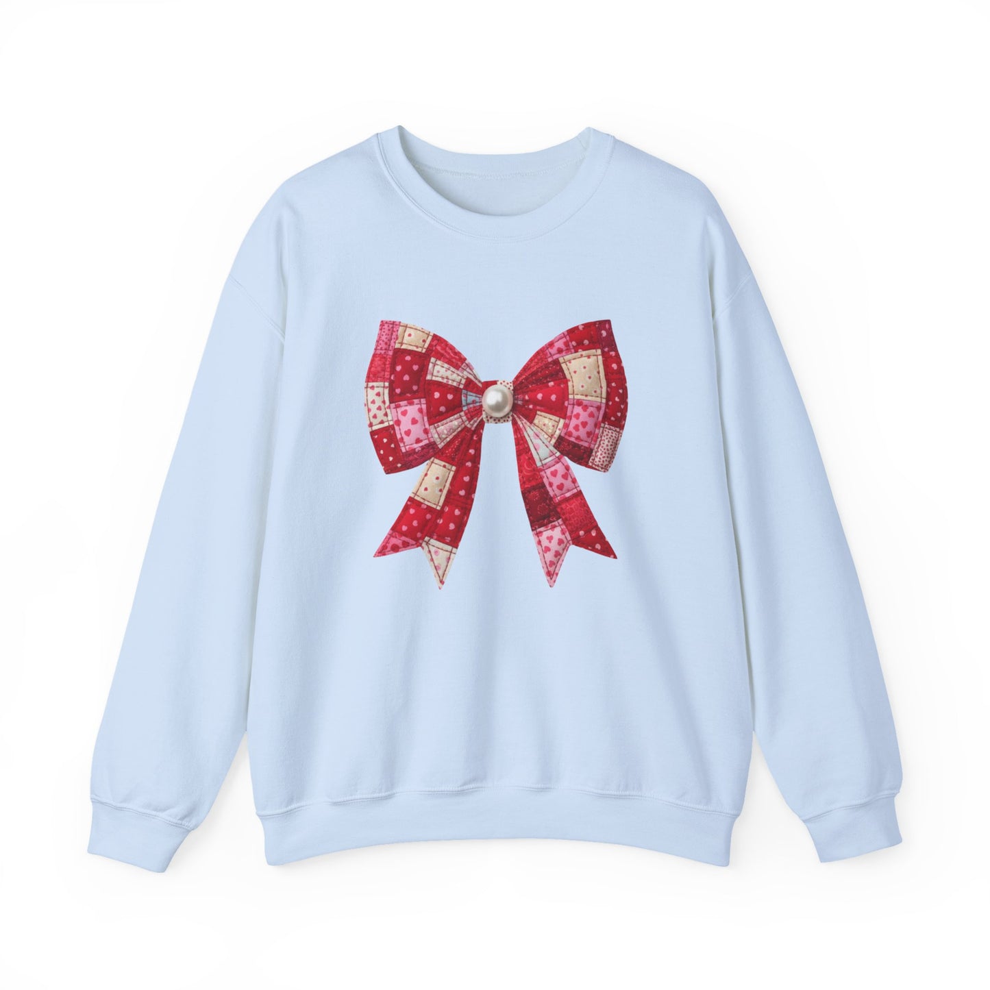 Faux Patchwork Bow Sweatshirt, Quilted Look Bow Crewneck, Pearl Center Bow Pullover, Cozy Coquette Sweatshirt, Girly Gift