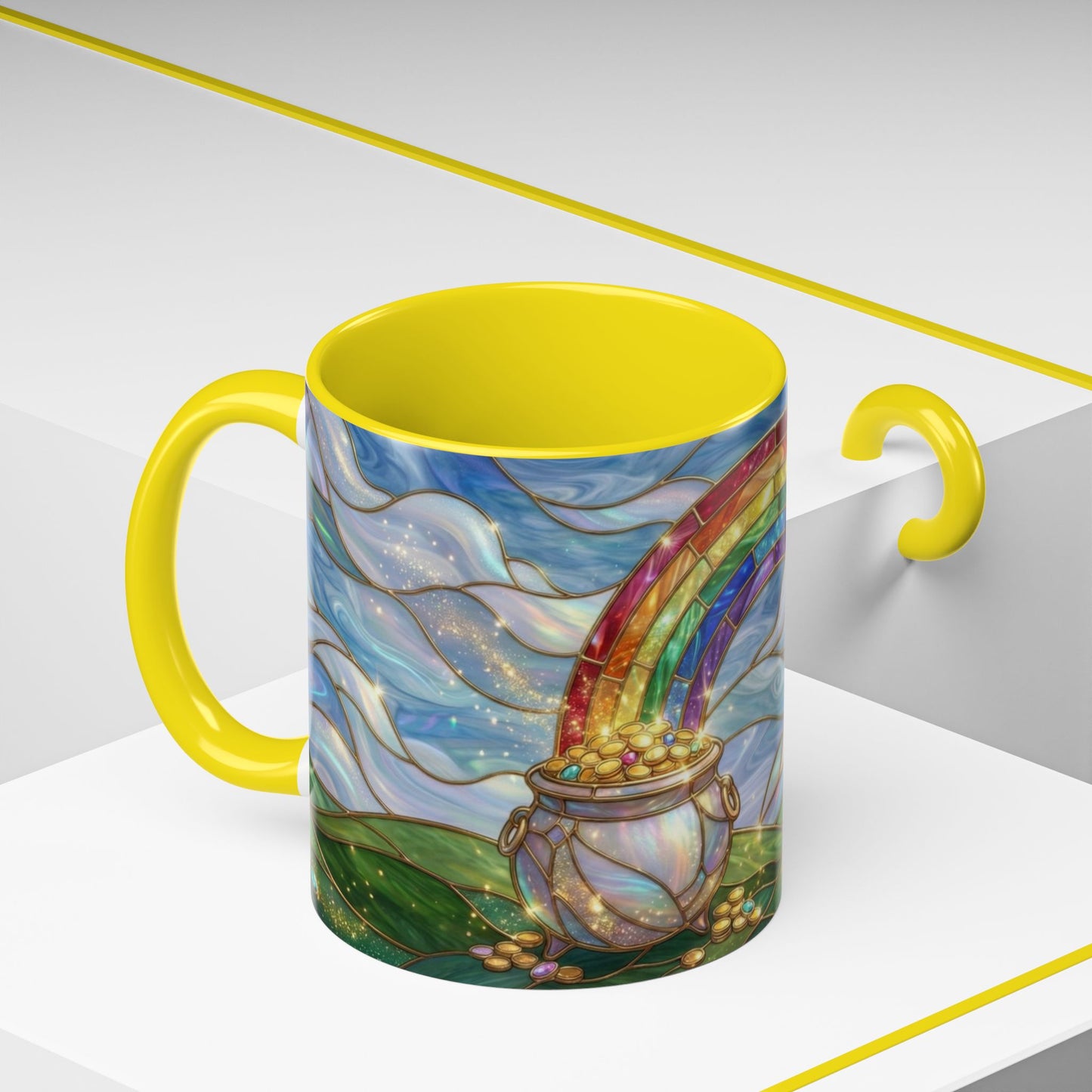 Stained Glass Rainbow Mug, Pot Of Gold Coffee Cup, St Patricks Day Gift, Whimsical Magical Art Mug, Lucky Irish Leprechaun Treasure