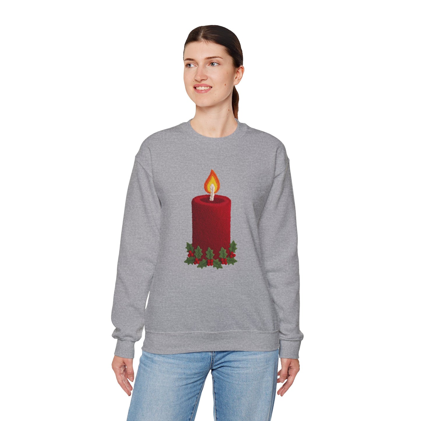 Faux Patchwork Crochet Candle Sweatshirt, Christmas Candle Sweater, Holiday Cozy Winter Crewneck, Cute Xmas Candle Sweatshirt, Unisex Holiday Top
