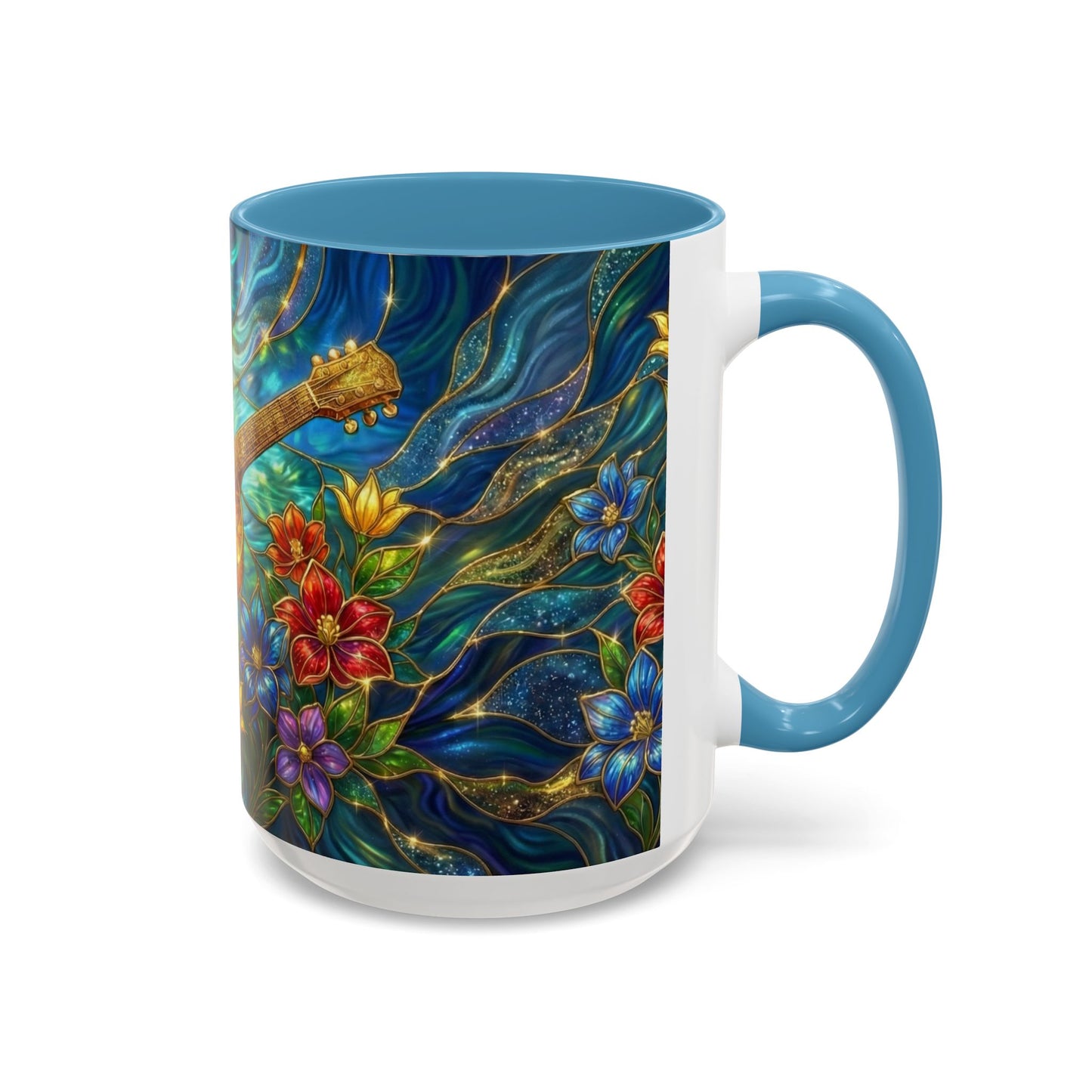 Guitar Coffee Mug, Stained Glass Guitar Art Mug, Music Lover Gift, Floral Acoustic Guitar Mug, Ceramic Coffee Cup, Unique Musician Gift, 11oz
