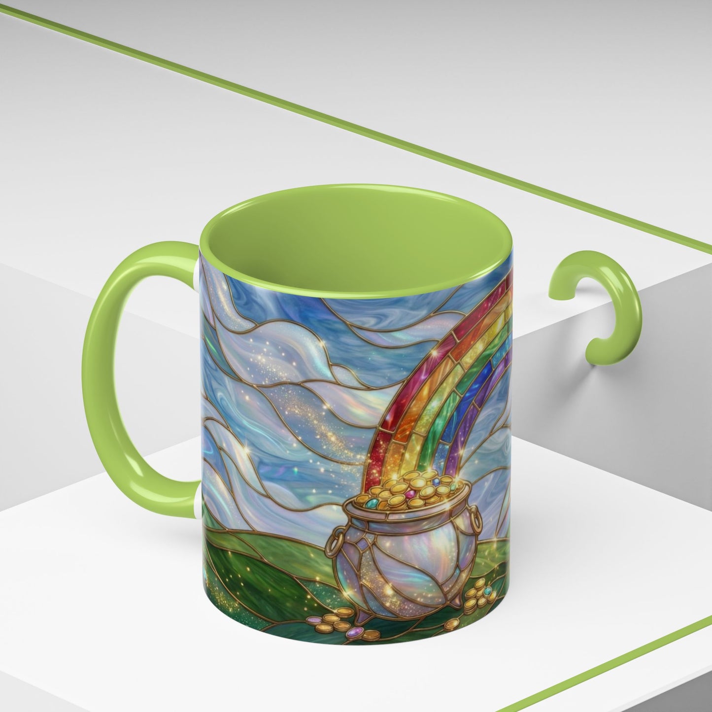 Stained Glass Rainbow Mug, Pot Of Gold Coffee Cup, St Patricks Day Gift, Whimsical Magical Art Mug, Lucky Irish Leprechaun Treasure