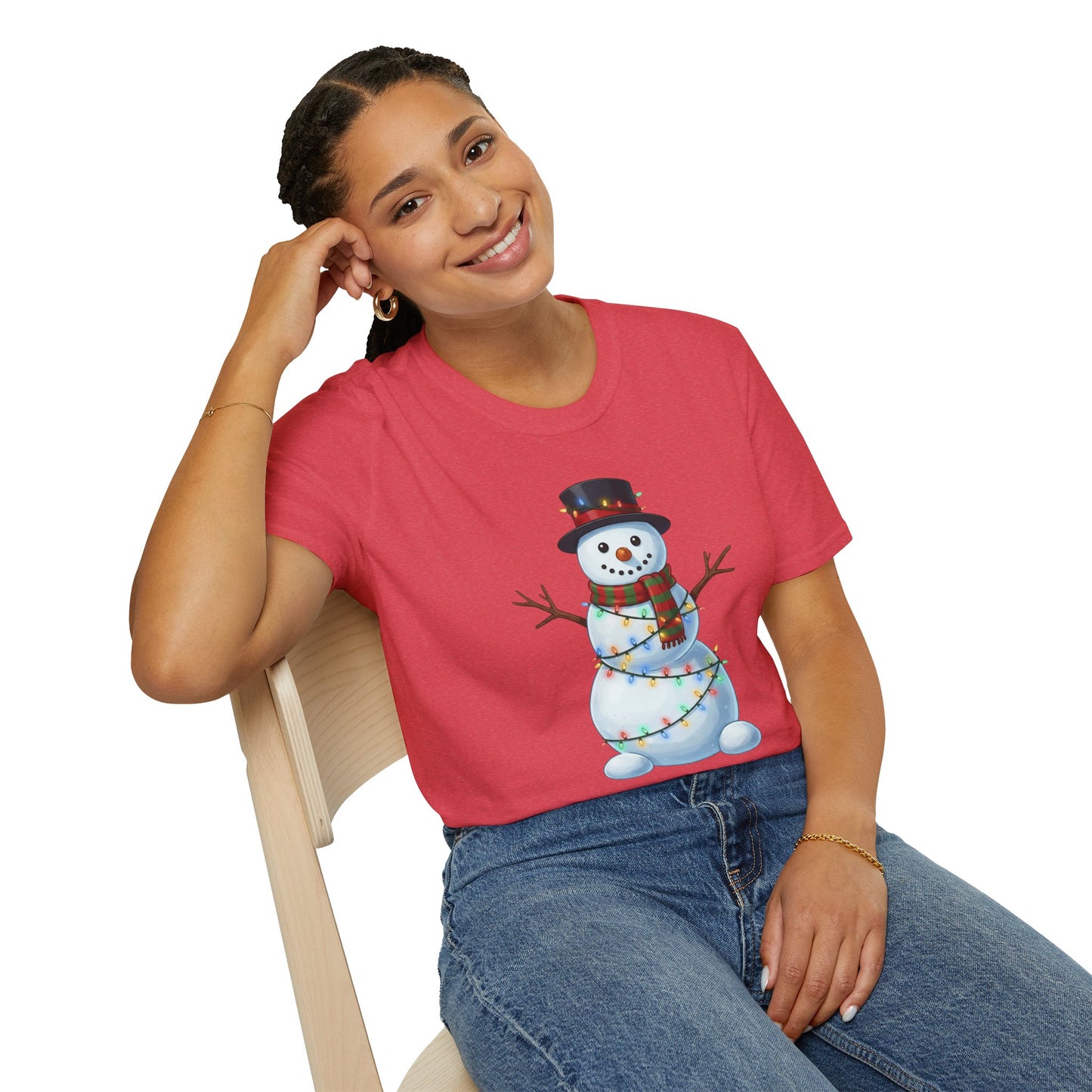 Cute Snowman Christmas Shirt, Snowman Wrapped in Christmas Lights Tee, Holiday Winter Snowman Top Hat Shirt, Funny Cozy Christmas T Shirt