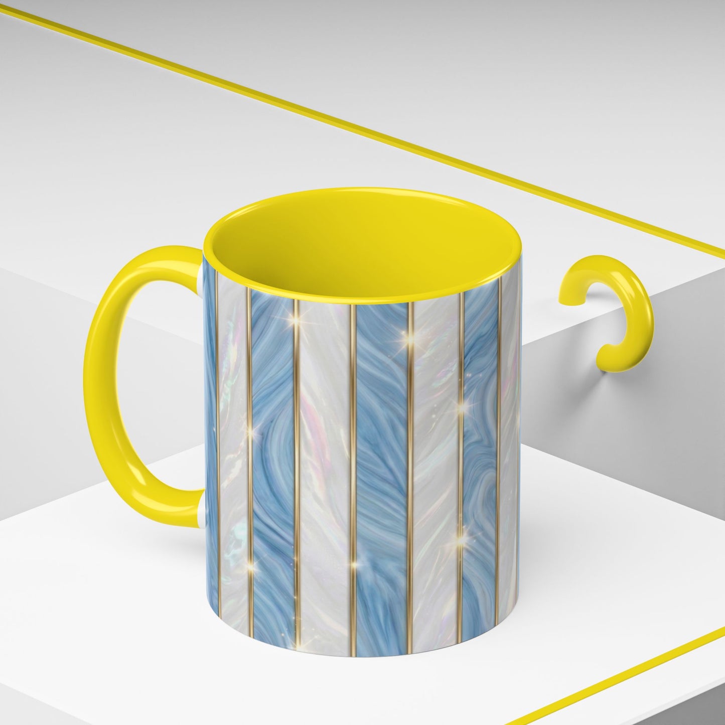 Faux Stained Glass Mug, Blue Pearlescent Coffee Cup, Art Deco Stained Glass Decor, Elegant Gold Stripe Teacup, Unique Art Gift For Her
