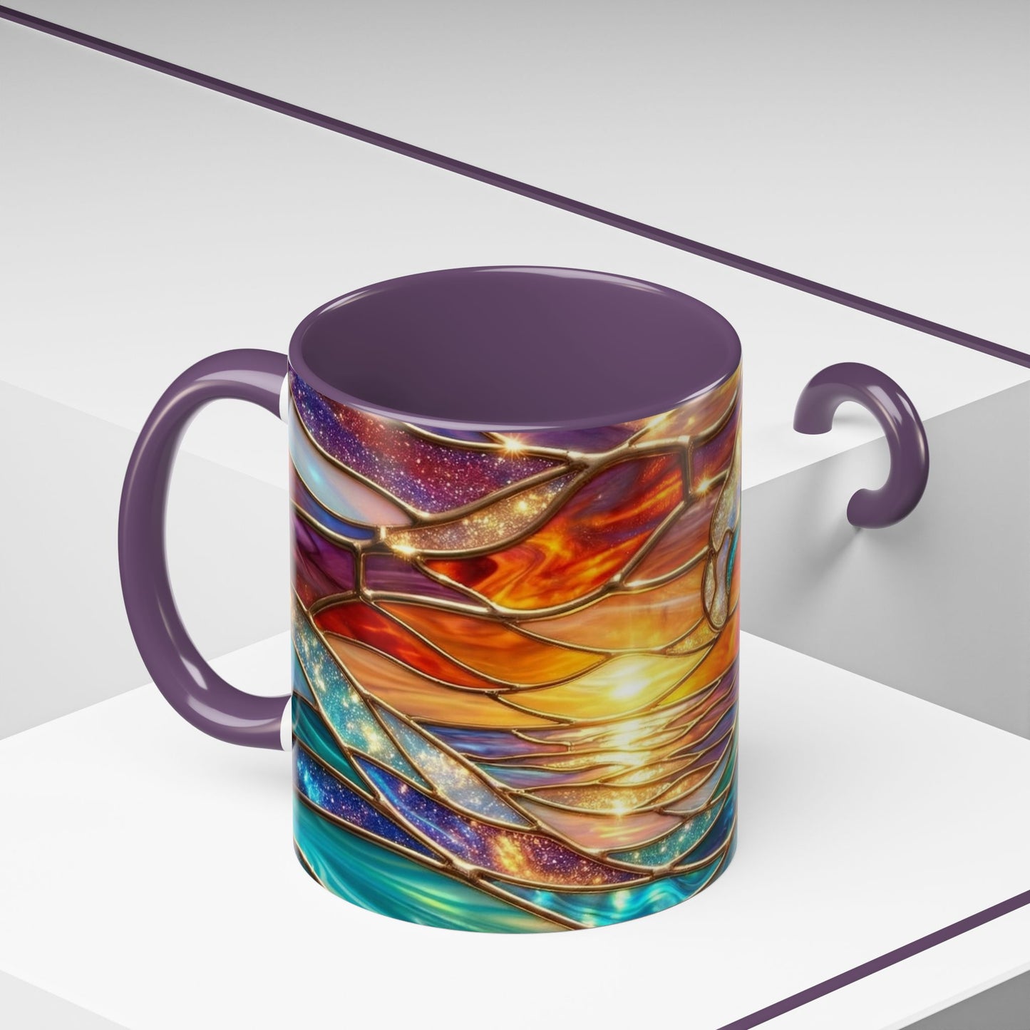 Stained Glass Wave Mug, Cosmic Ocean Coffee Cup, Celestial Sunrise Tea Mug, Surfer Beach Decor Gift, Starry Sea Art, Ocean Lover Cup