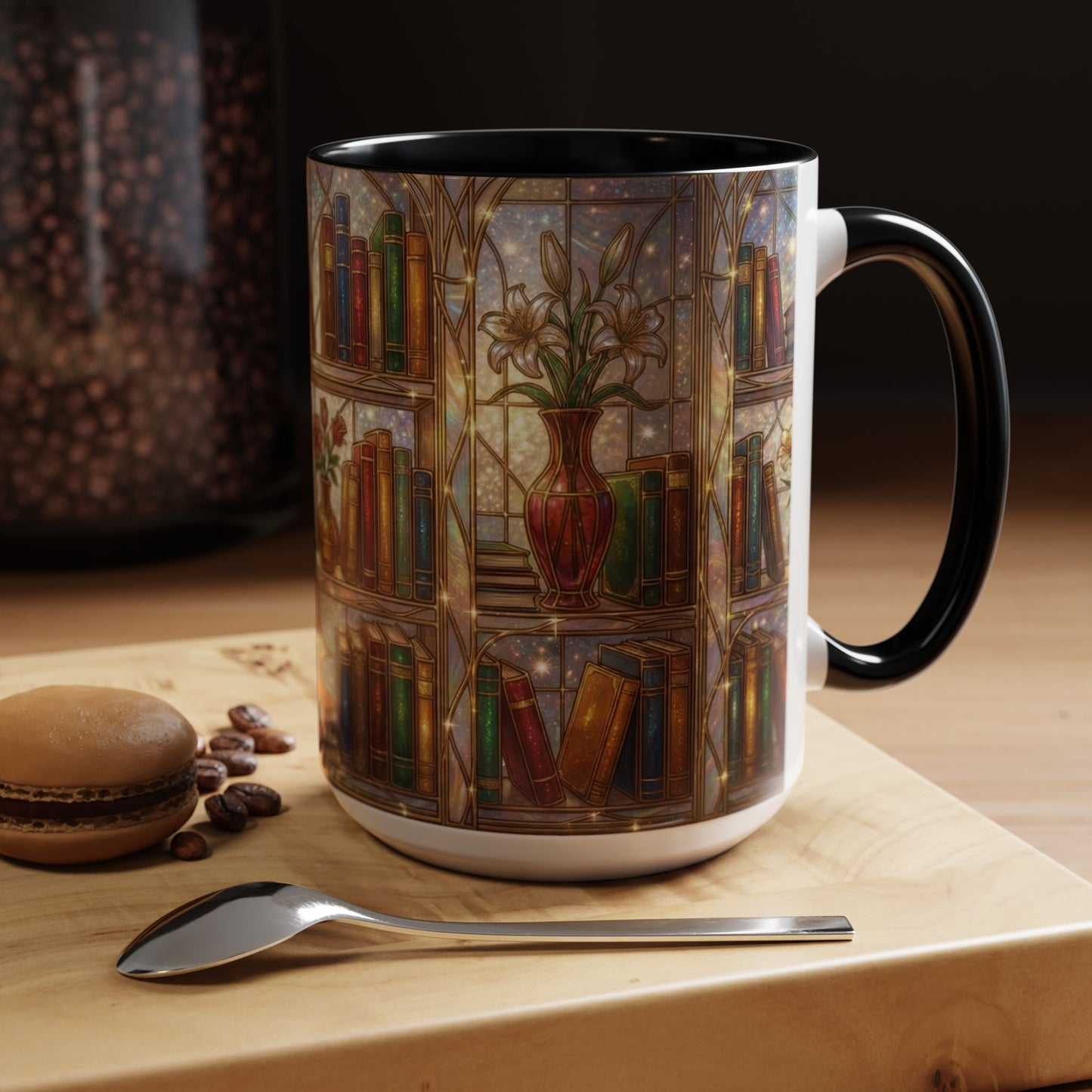 Stained Glass Books Mug, Book Lover Coffee Mug, Cozy Library Mug, Bookish Gift For Readers, Dark Academia Mug, Floral Bookshelf Cup