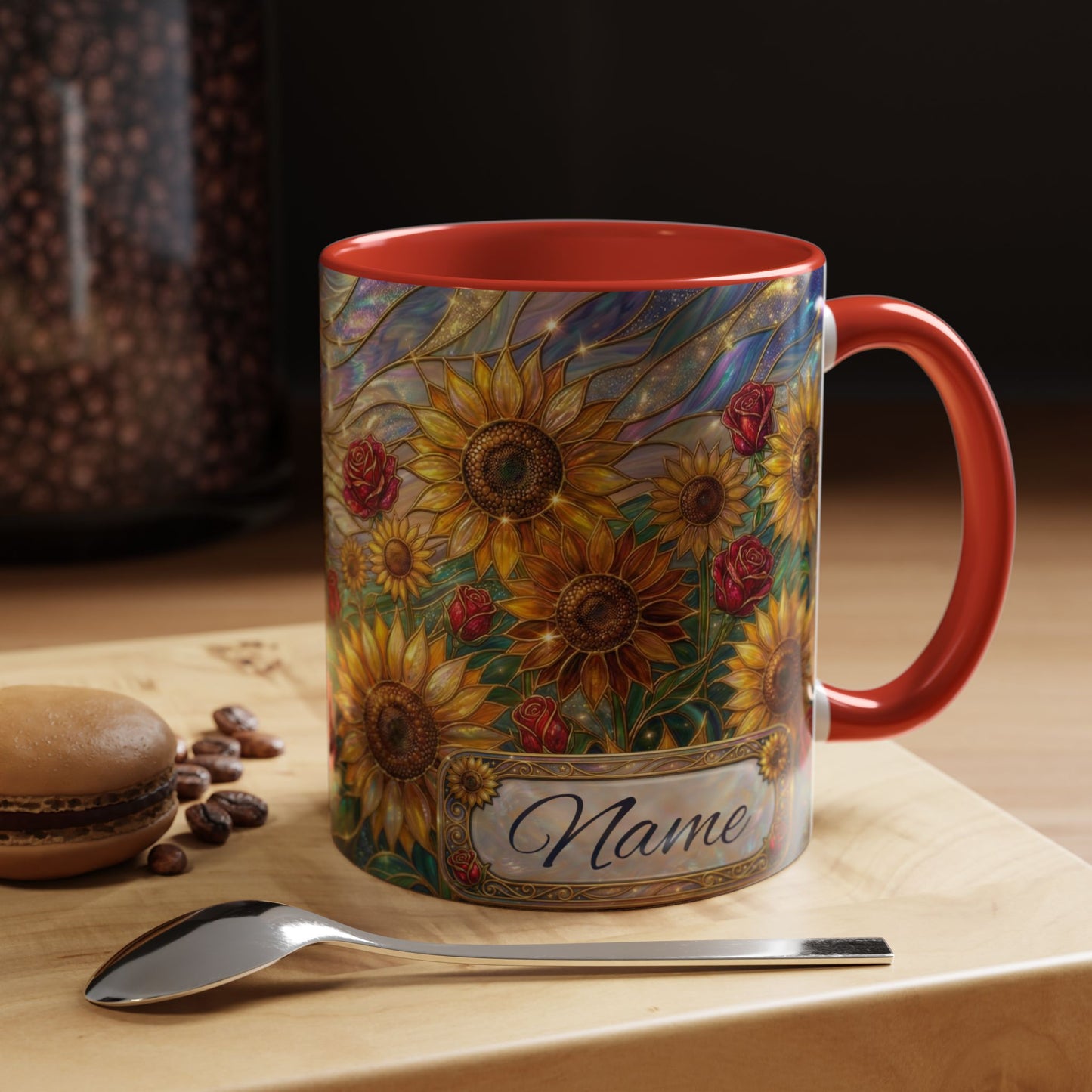 Personalized Stained Glass Sunflower Mug, Custom Red Rose Floral Coffee Cup, Celestial Night Sky Botanical Teacup, Gift For Flower Lover