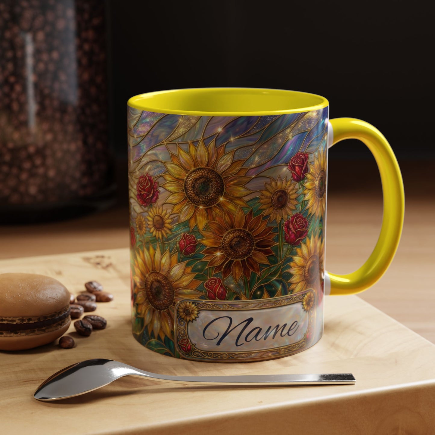 Personalized Stained Glass Sunflower Mug, Custom Red Rose Floral Coffee Cup, Celestial Night Sky Botanical Teacup, Gift For Flower Lover