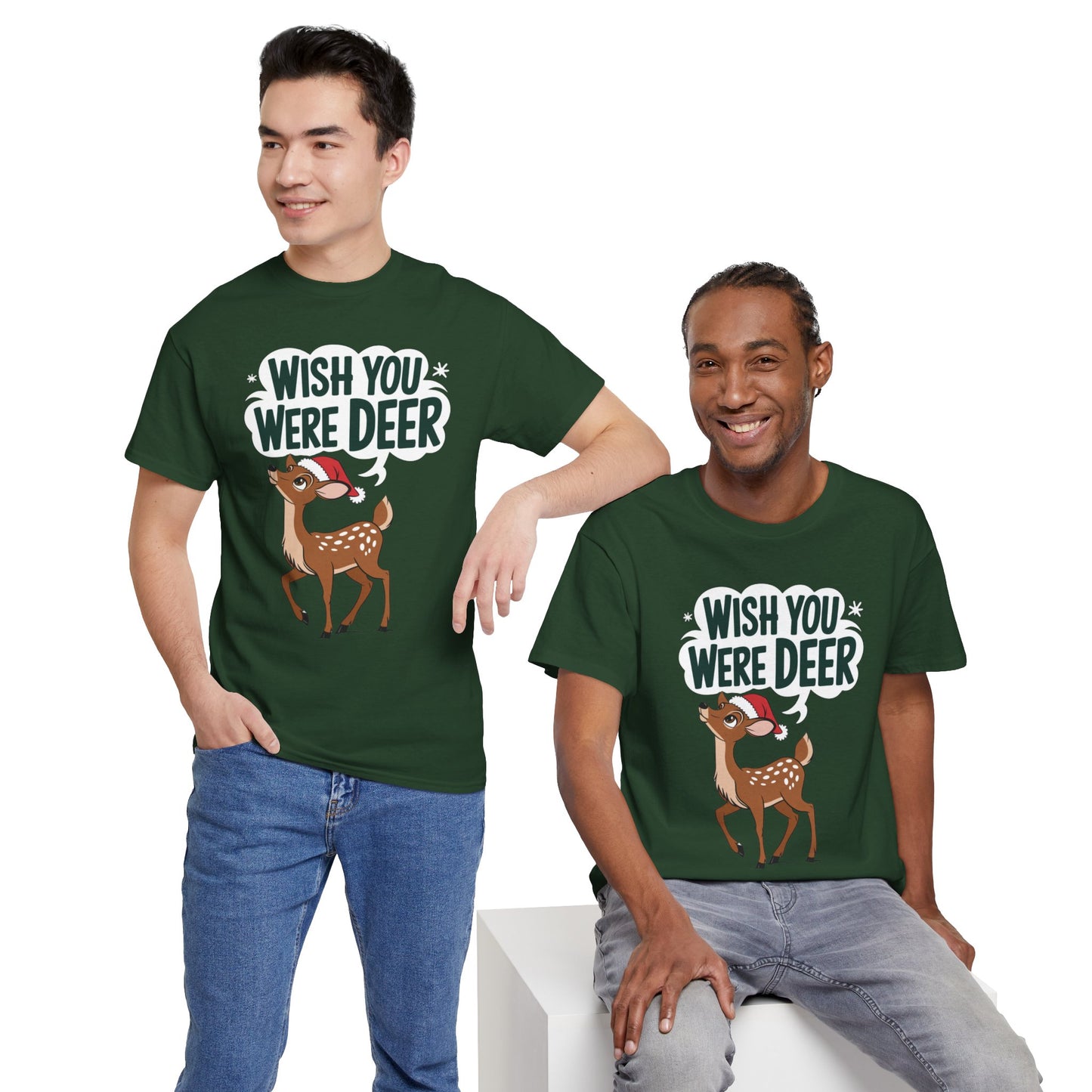 Wish You Were Deer Funny Christmas T-Shirt, Cute Reindeer Holiday Tee, Pun Christmas Shirt, Festive Santa Hat Deer Graphic Tee Gift