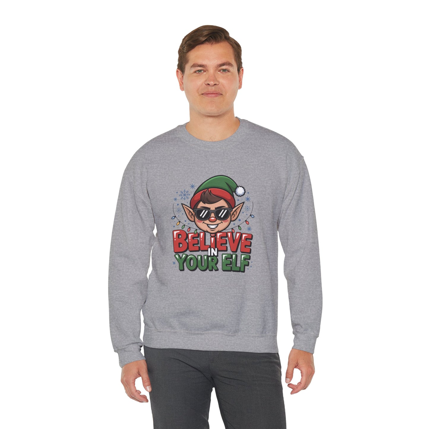 Believe In Your Elf Christmas Sweatshirt, Funny Elf Holiday Sweater, Unisex Christmas Crewneck, Festive Gift For Friends And Family